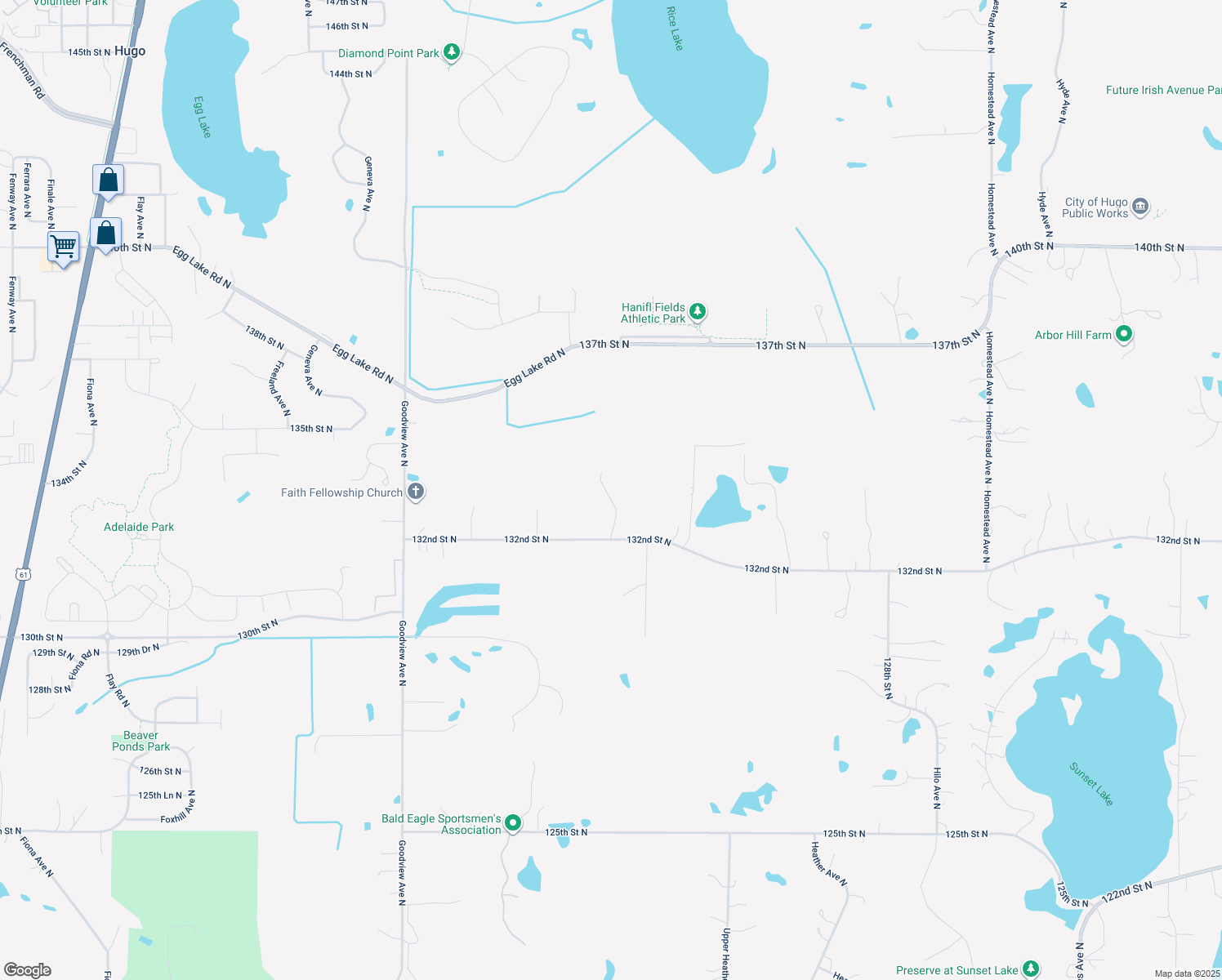 map of restaurants, bars, coffee shops, grocery stores, and more near 6854 132nd Street North in Hugo