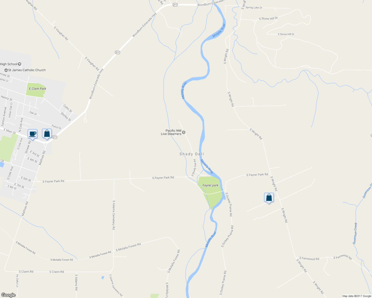 map of restaurants, bars, coffee shops, grocery stores, and more near 31965 South Shady Dell Road in Molalla