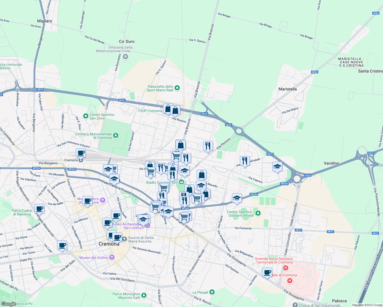map of restaurants, bars, coffee shops, grocery stores, and more near 5 Via Filippo Turati in Cremona
