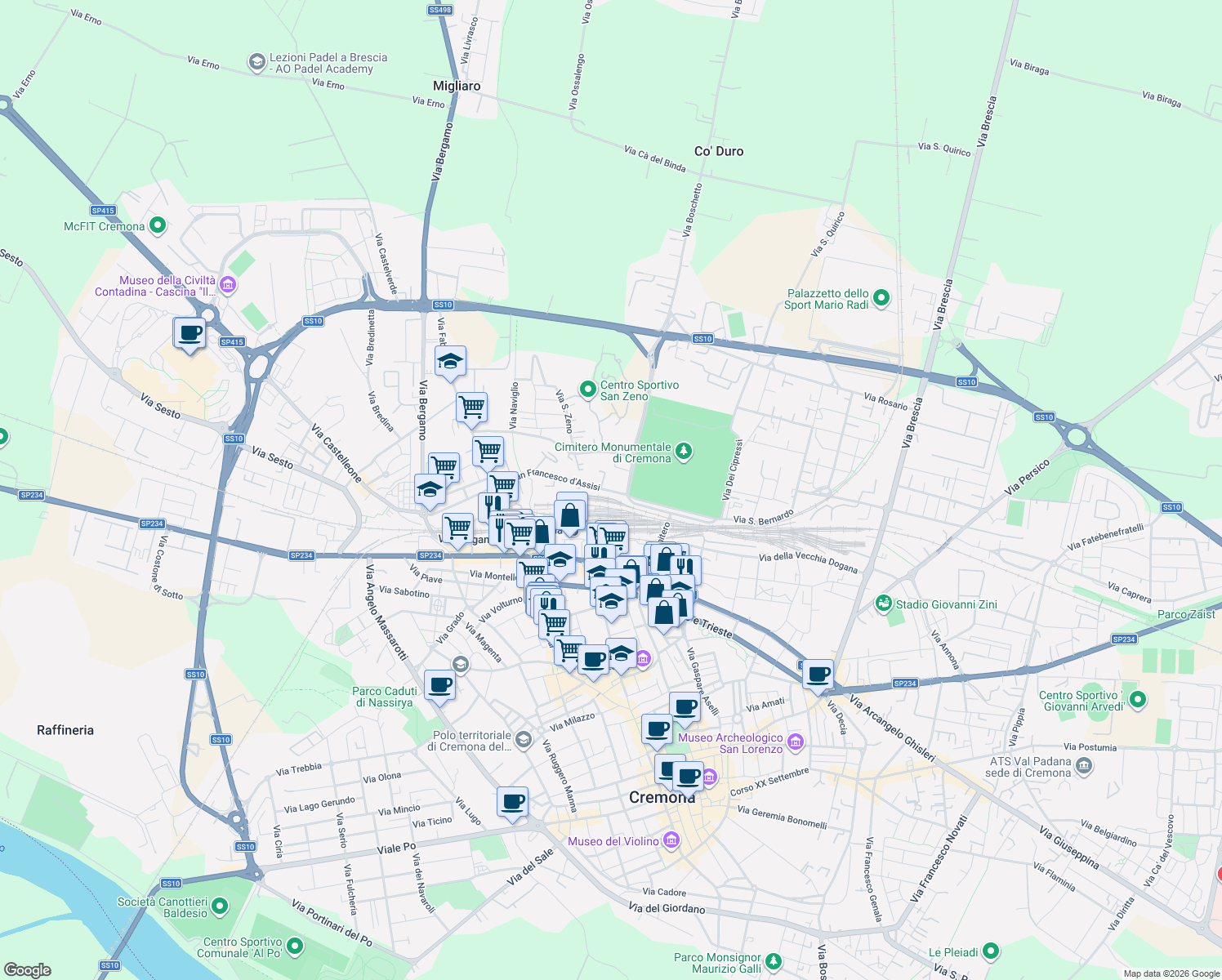 map of restaurants, bars, coffee shops, grocery stores, and more near 54 Via San Francesco D'Assisi in Cremona