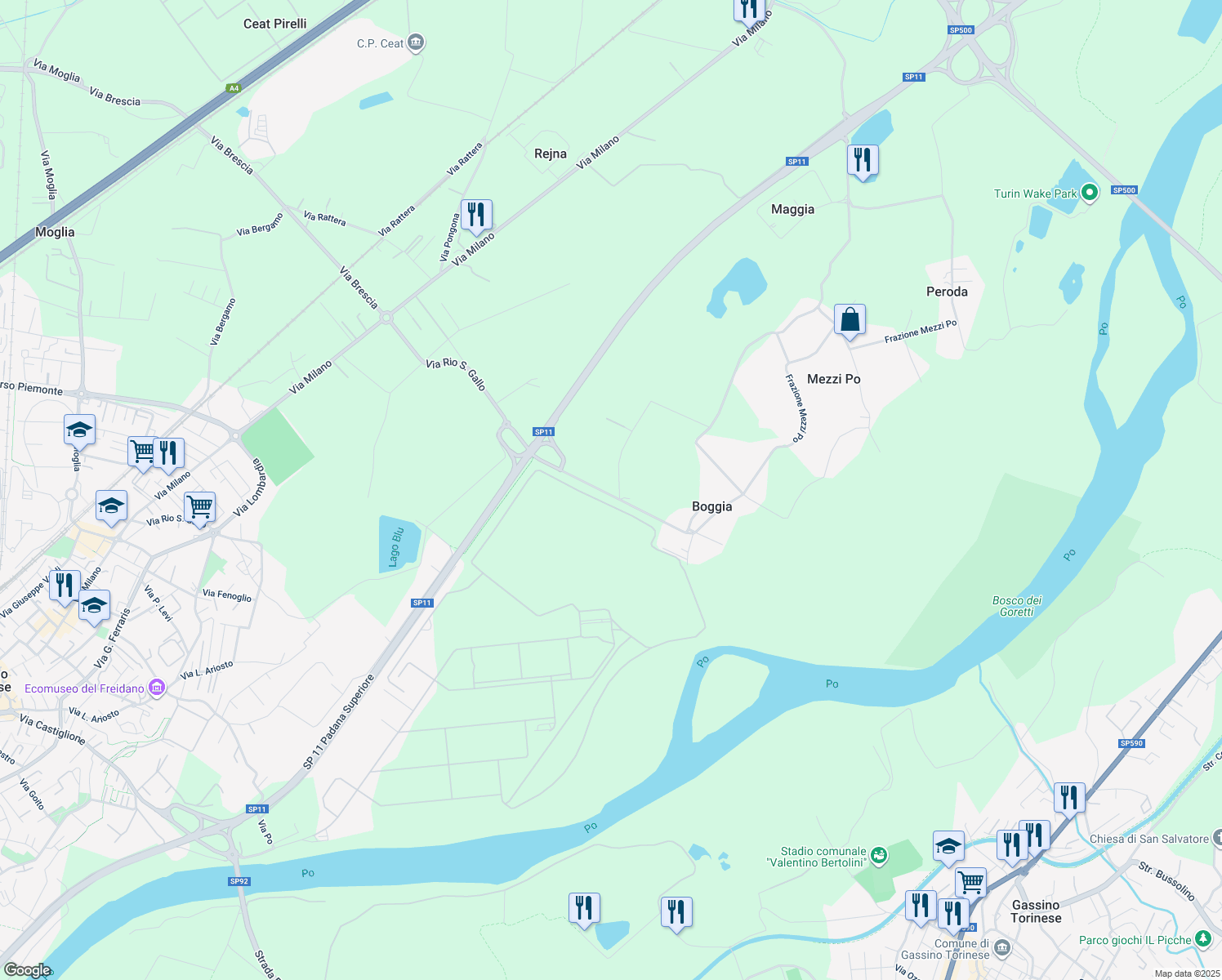 map of restaurants, bars, coffee shops, grocery stores, and more near 10 TER Frazione Mezzi Po in Città Metropolitana di Torino