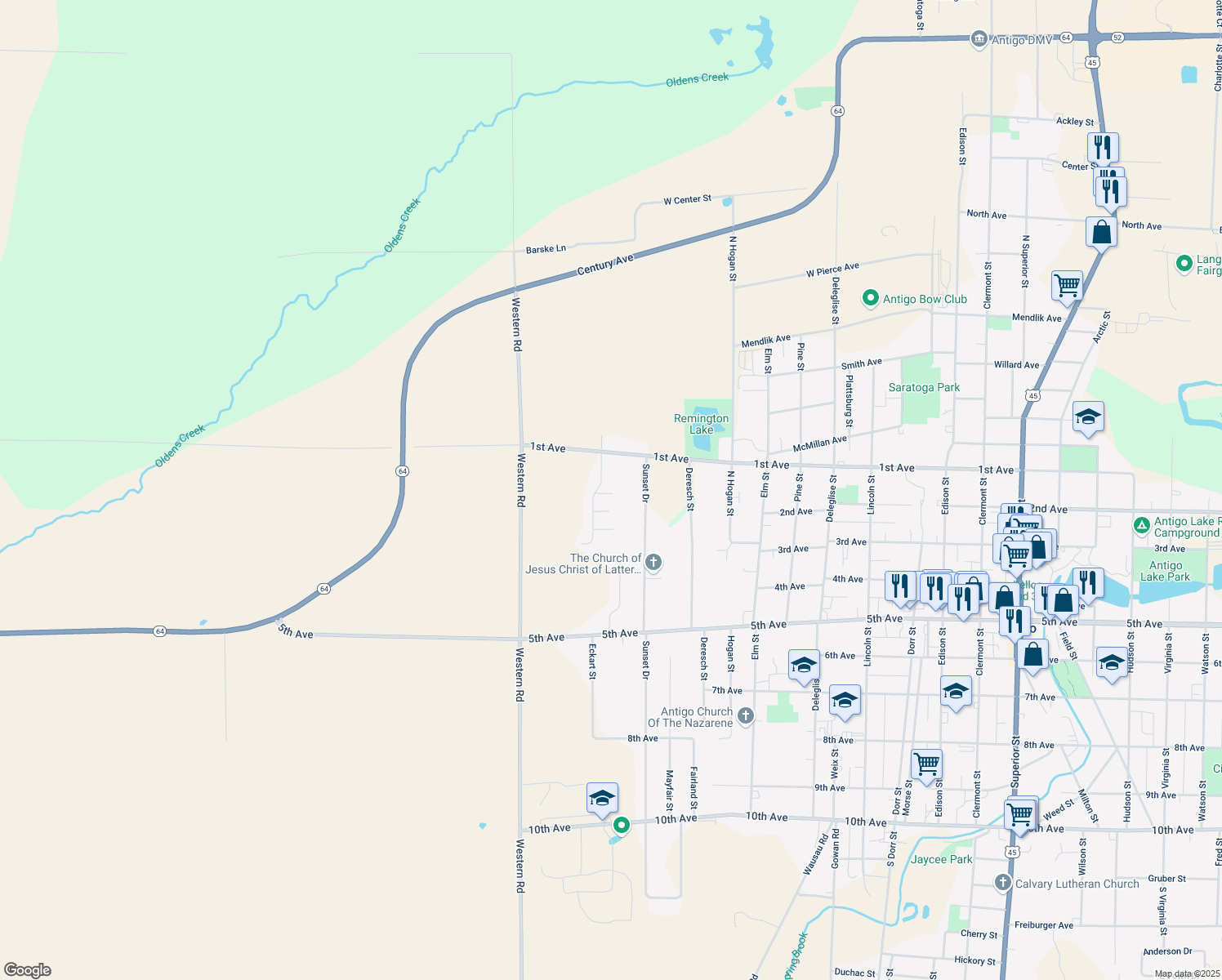 map of restaurants, bars, coffee shops, grocery stores, and more near 1810 Brandon Court in Antigo