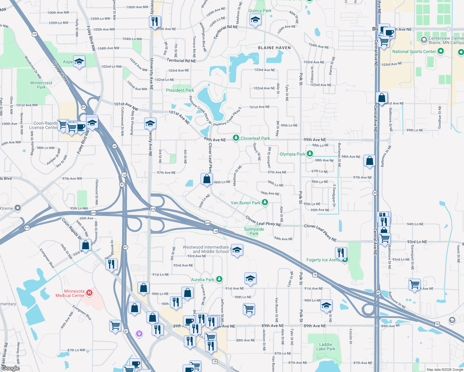 map of restaurants, bars, coffee shops, grocery stores, and more near 9570 Madison Street Northeast in Blaine
