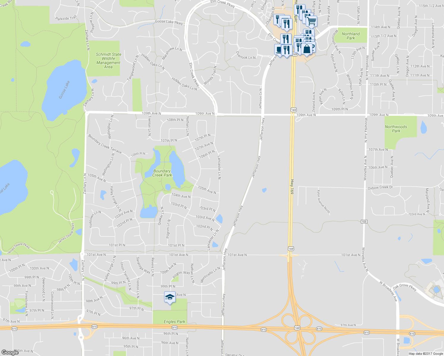 map of restaurants, bars, coffee shops, grocery stores, and more near 10538 Lancaster Lane North in Maple Grove