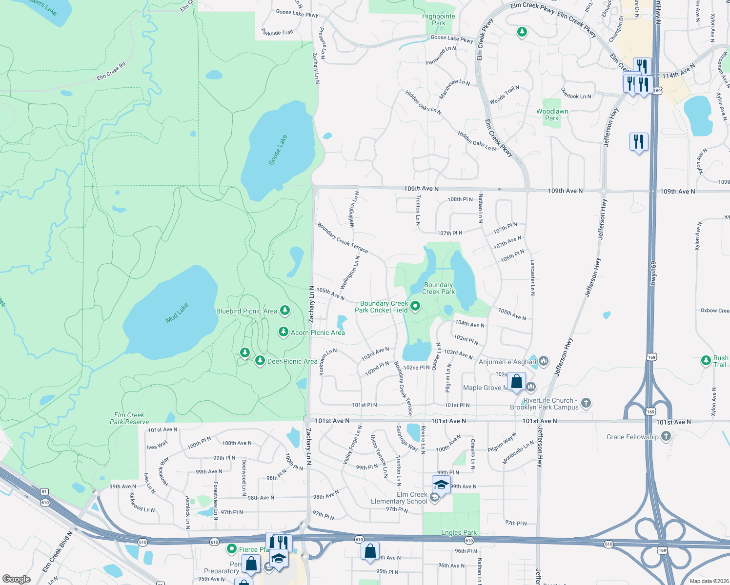map of restaurants, bars, coffee shops, grocery stores, and more near 10523 Union Terrace Lane North in Maple Grove