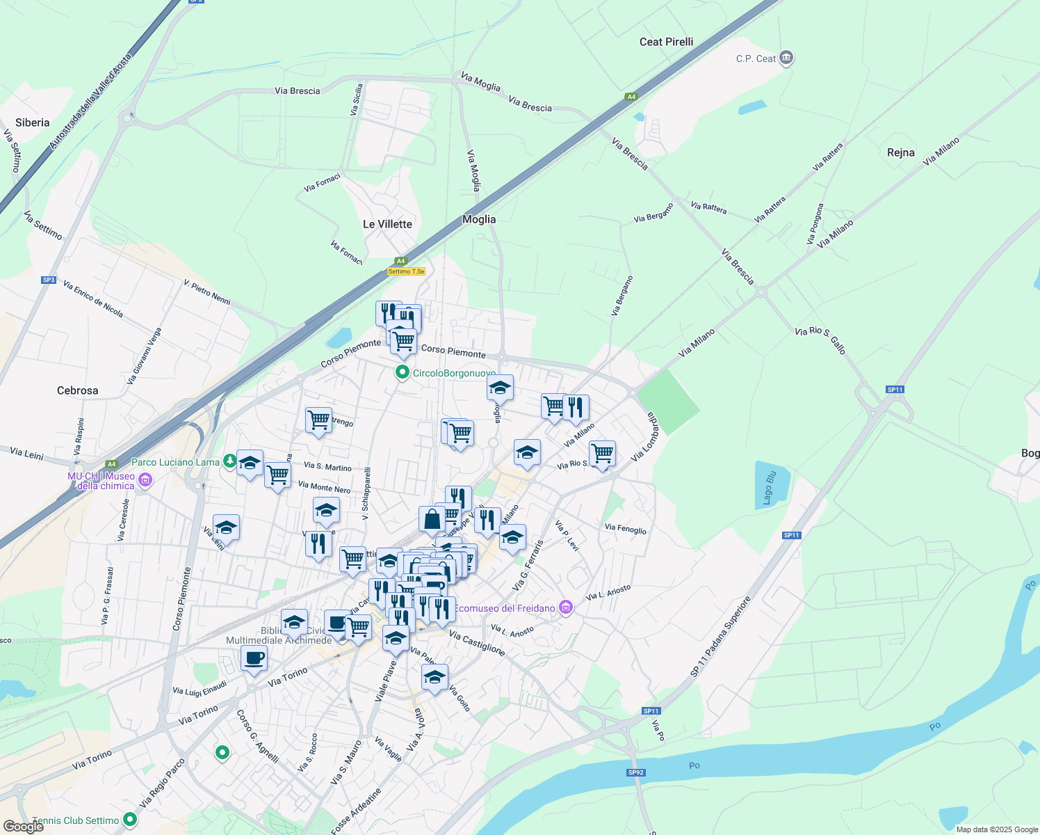 map of restaurants, bars, coffee shops, grocery stores, and more near 8A Via Monginevro in Settimo Torinese