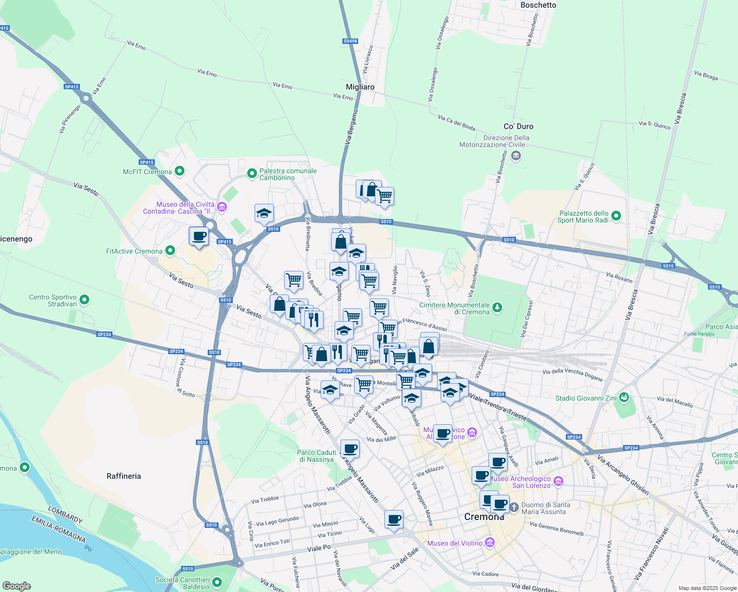 map of restaurants, bars, coffee shops, grocery stores, and more near 86 Via Fabio Filzi in Cremona