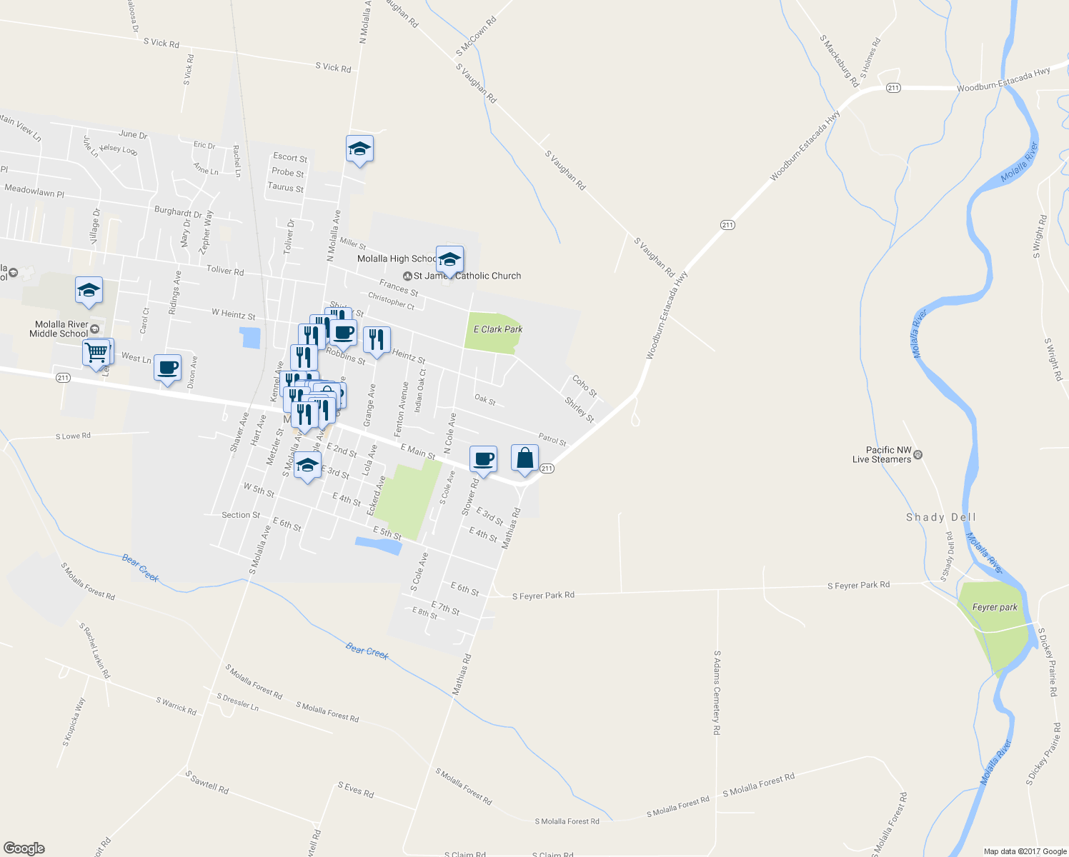 map of restaurants, bars, coffee shops, grocery stores, and more near 809 Patrol Street in Molalla