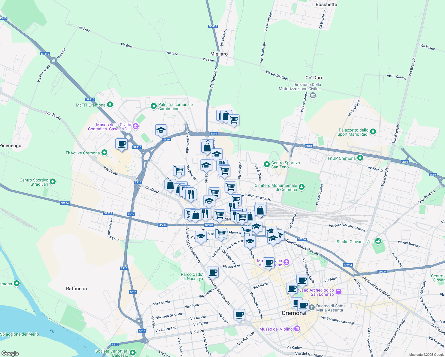 map of restaurants, bars, coffee shops, grocery stores, and more near 86 Via Fabio Filzi in Cremona