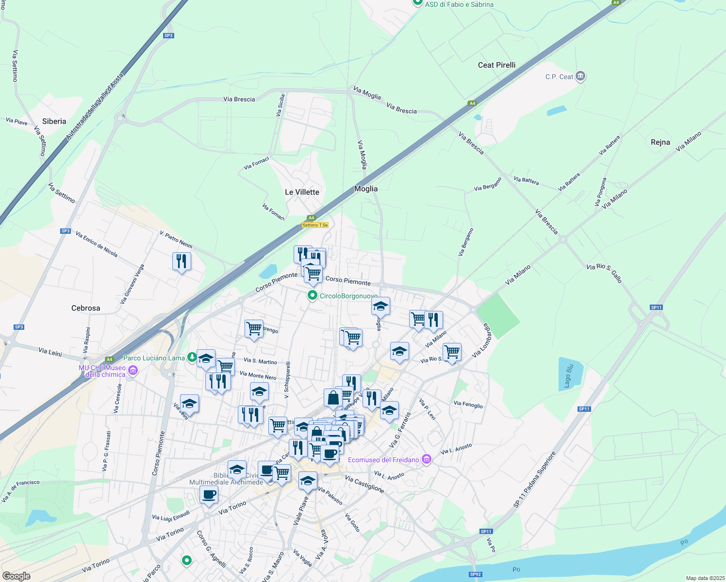map of restaurants, bars, coffee shops, grocery stores, and more near 45 Via Colle dell'Assietta in Settimo Torinese