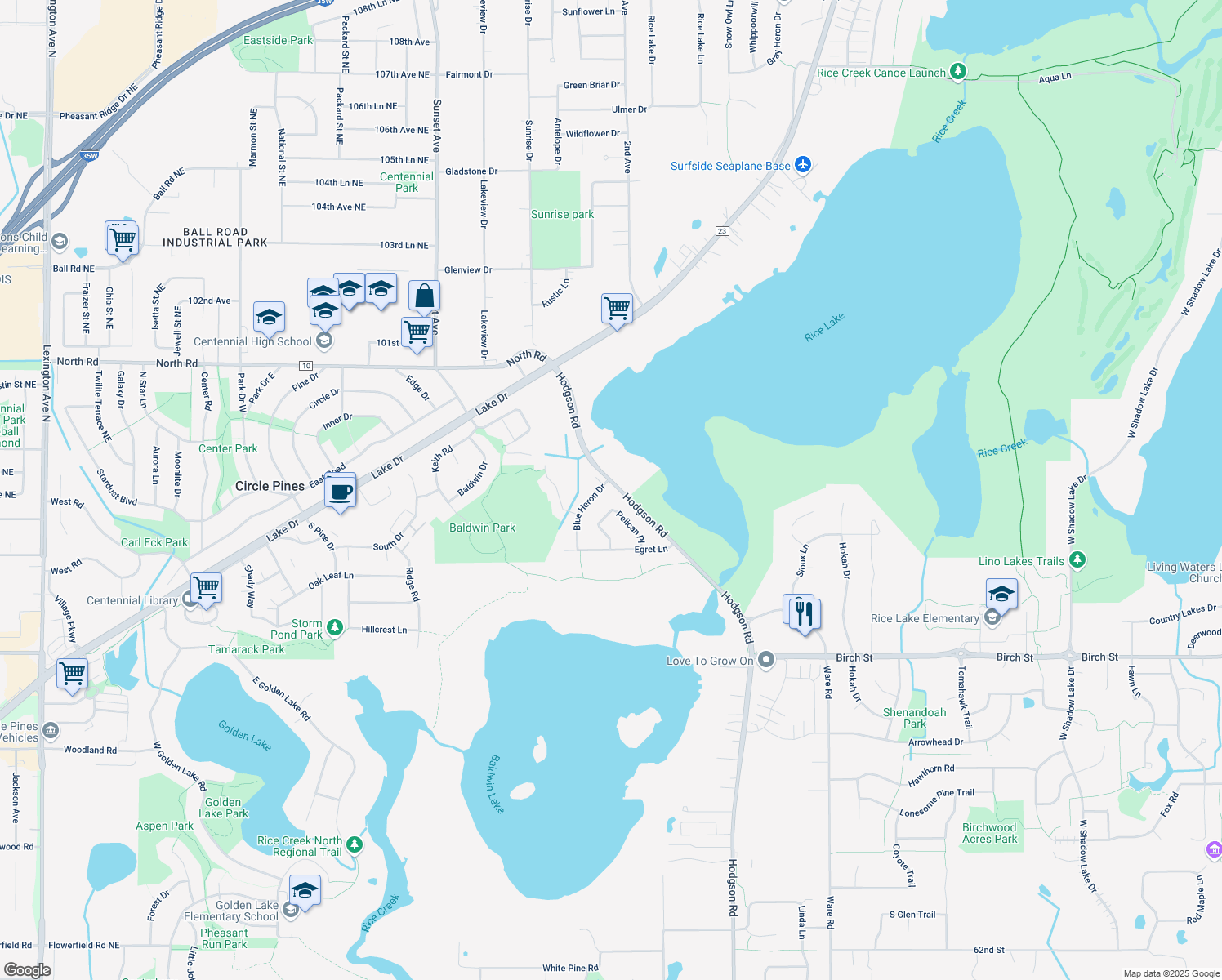 map of restaurants, bars, coffee shops, grocery stores, and more near 6692 Blue Heron Drive in Lino Lakes