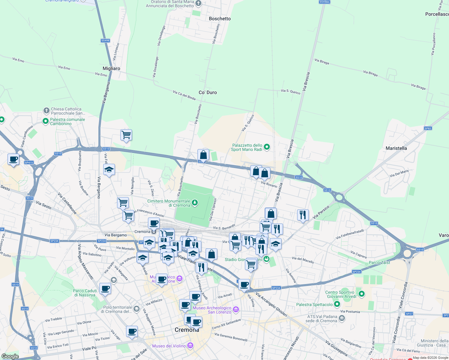 map of restaurants, bars, coffee shops, grocery stores, and more near 15 Via dei Cipressi in Cremona