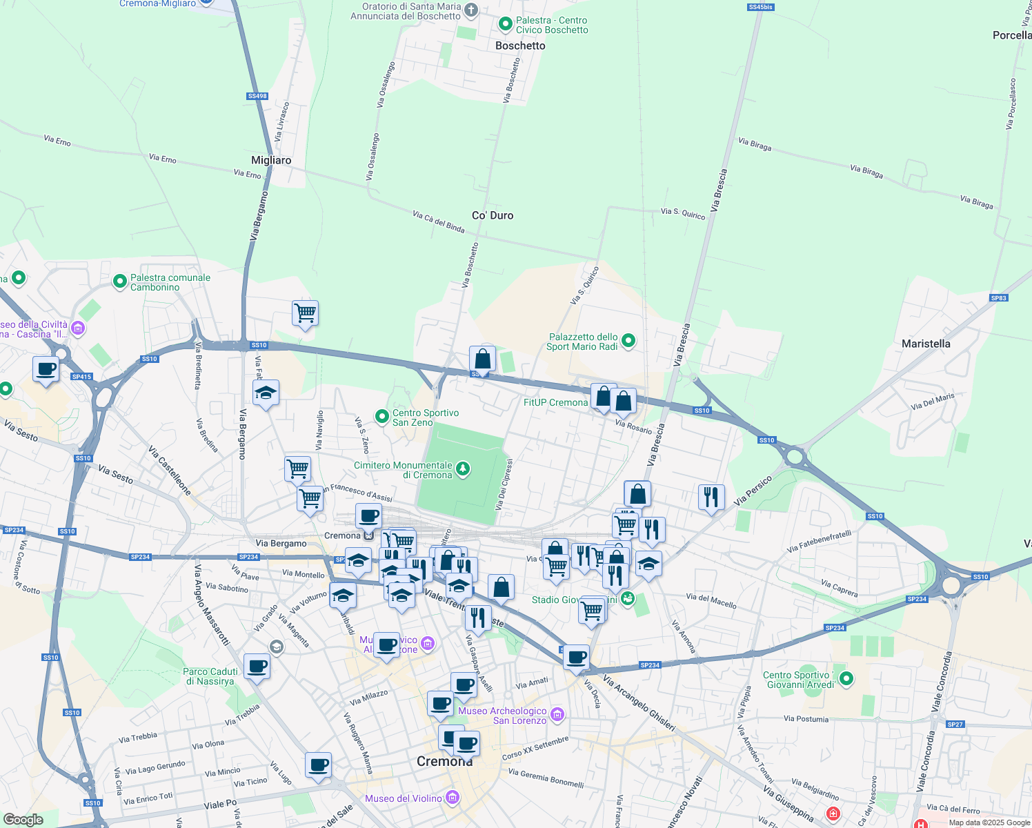 map of restaurants, bars, coffee shops, grocery stores, and more near 15 Via dei Cipressi in Cremona