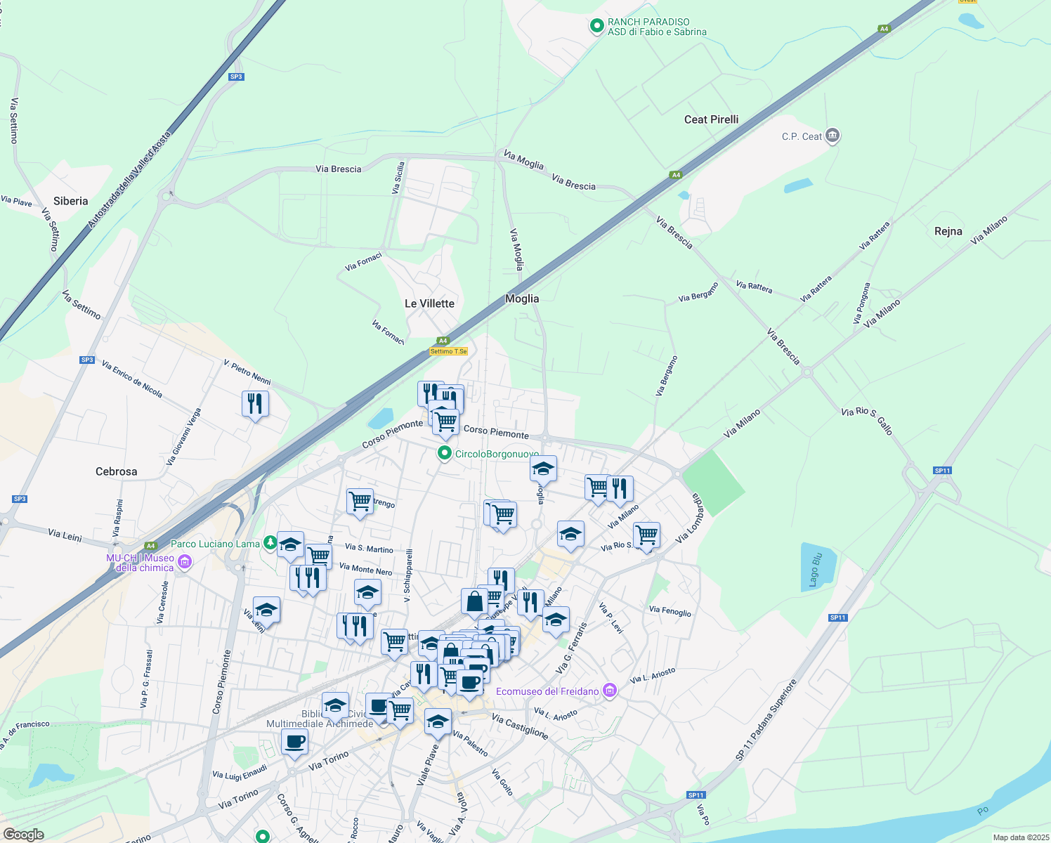 map of restaurants, bars, coffee shops, grocery stores, and more near 45 Via Colle dell'Assietta in Settimo Torinese
