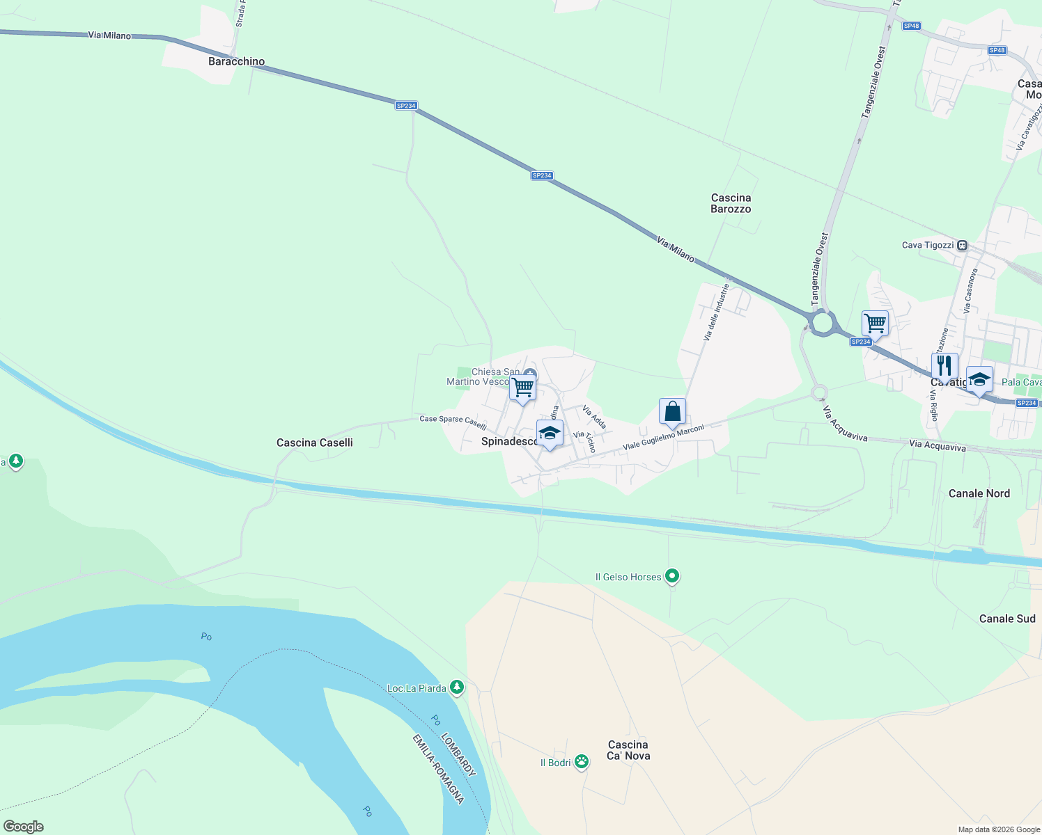 map of restaurants, bars, coffee shops, grocery stores, and more near in Spinadesco