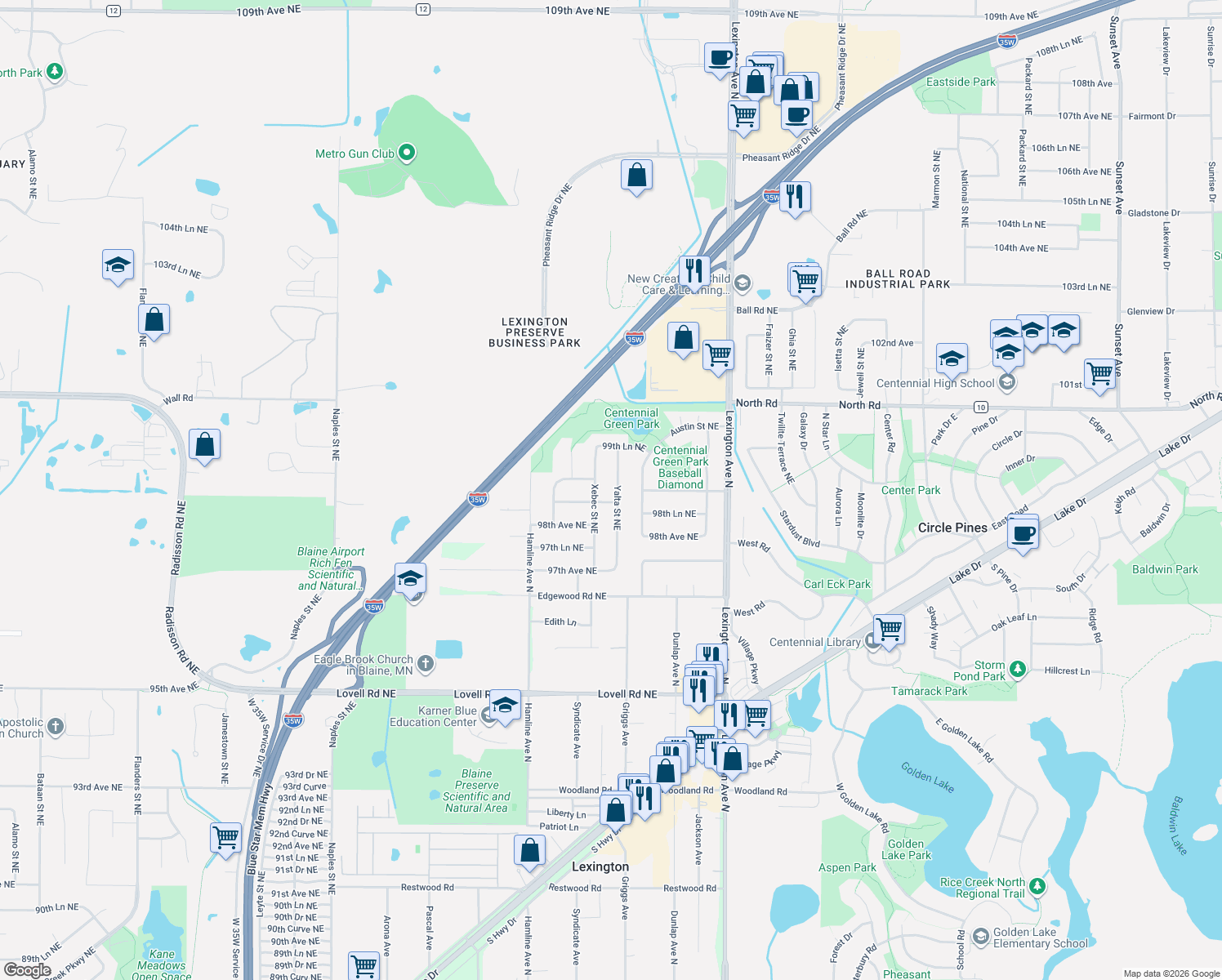 map of restaurants, bars, coffee shops, grocery stores, and more near 9868 Yalta Street Northeast in Circle Pines
