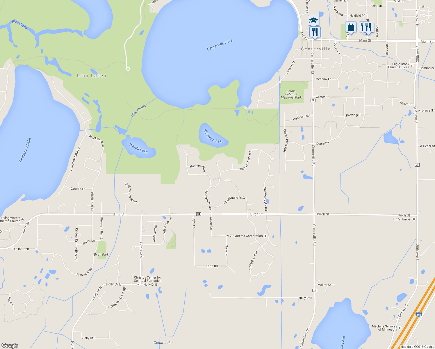 map of restaurants, bars, coffee shops, grocery stores, and more near 1431 Sherman Lake Road in Lino Lakes