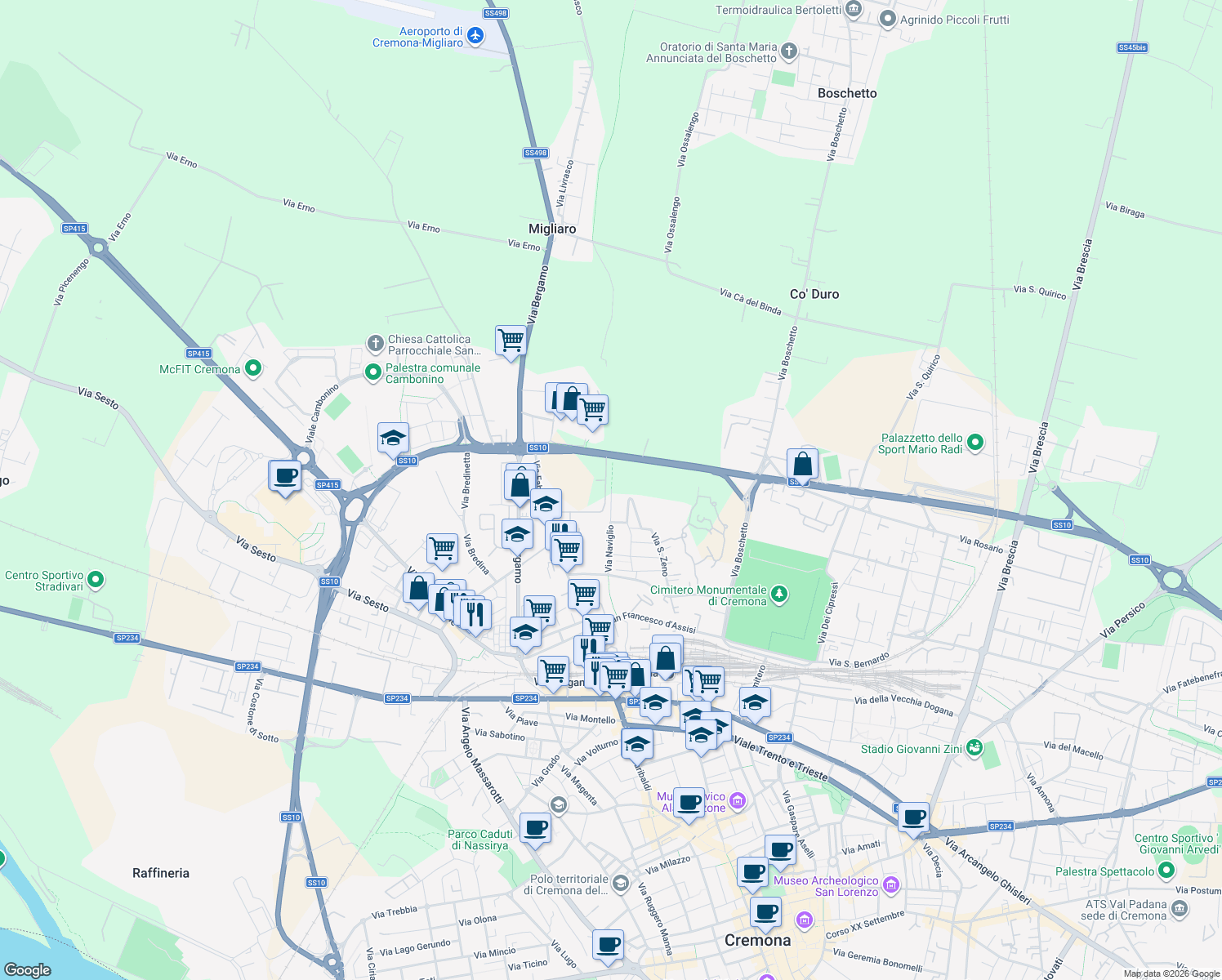 map of restaurants, bars, coffee shops, grocery stores, and more near 34 Via Alessandro Pampurino in Cremona