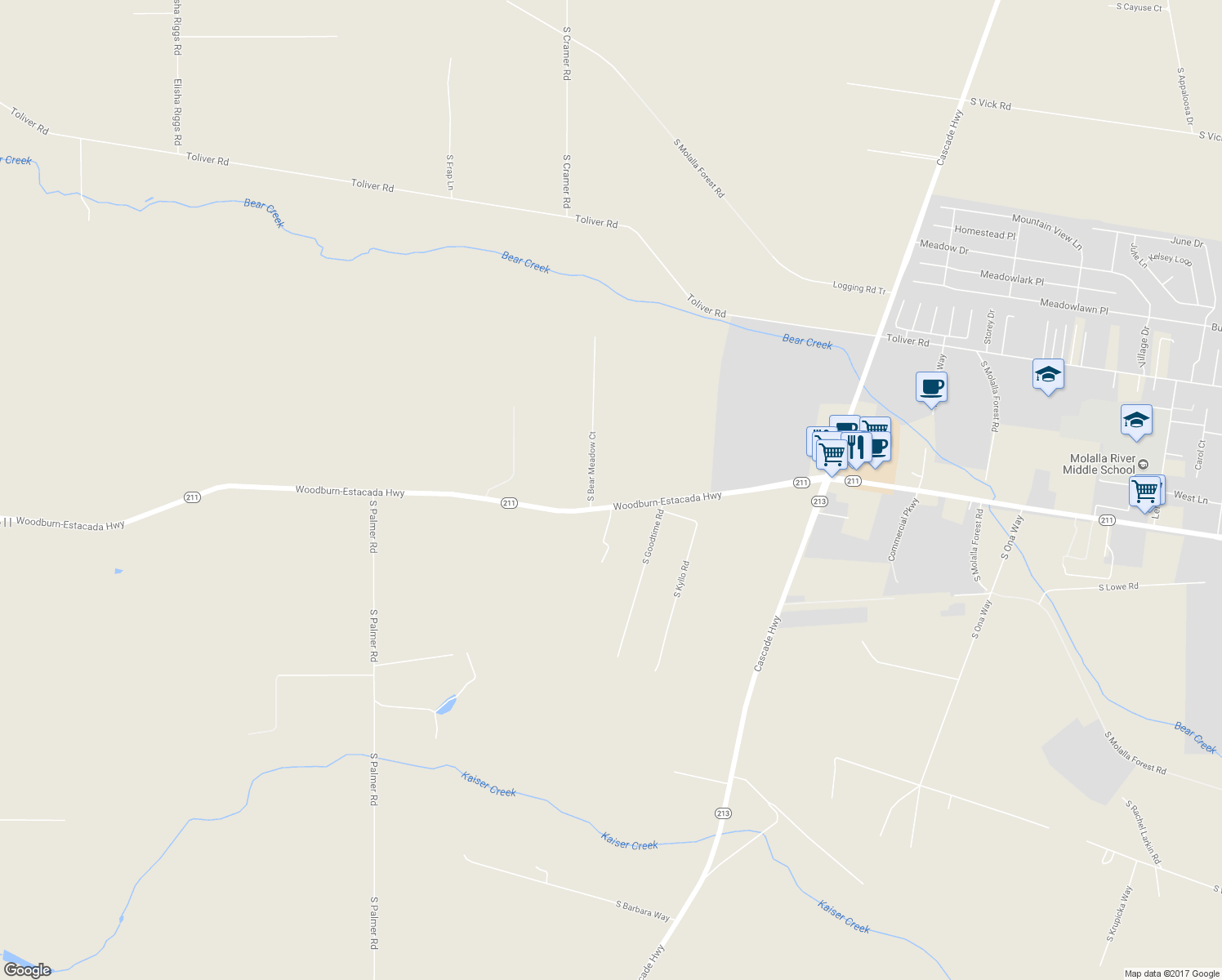 map of restaurants, bars, coffee shops, grocery stores, and more near 12107 Oregon 211 in Molalla