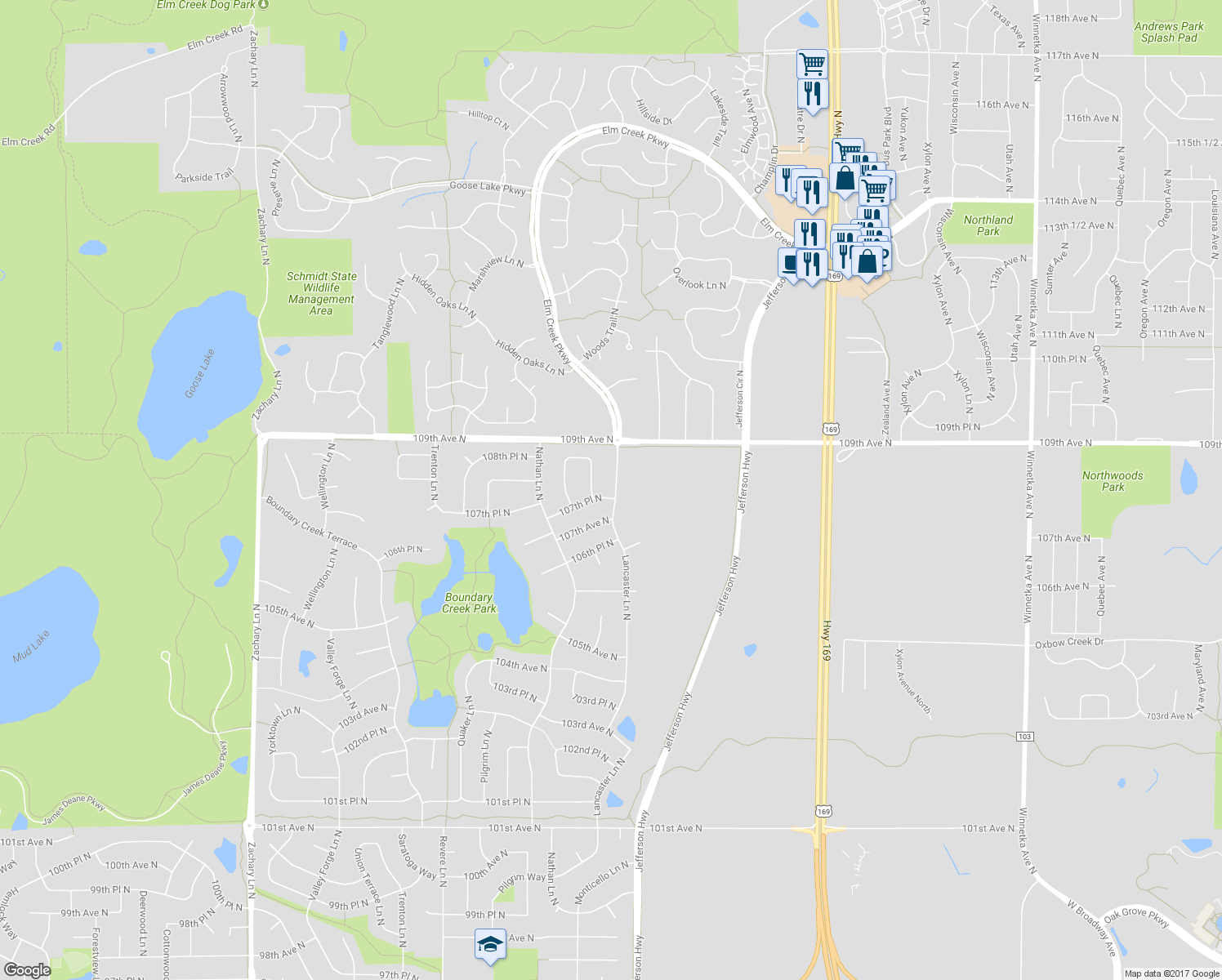 map of restaurants, bars, coffee shops, grocery stores, and more near 9622 107th Place North in Maple Grove
