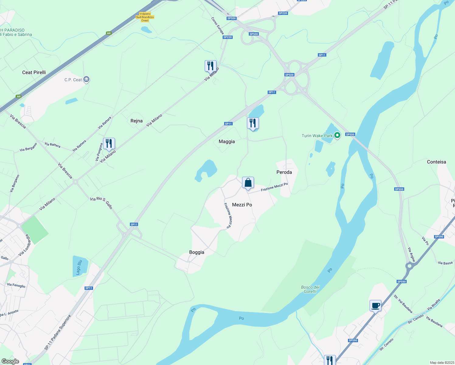 map of restaurants, bars, coffee shops, grocery stores, and more near Frazione Mezzi Po in Città Metropolitana di Torino