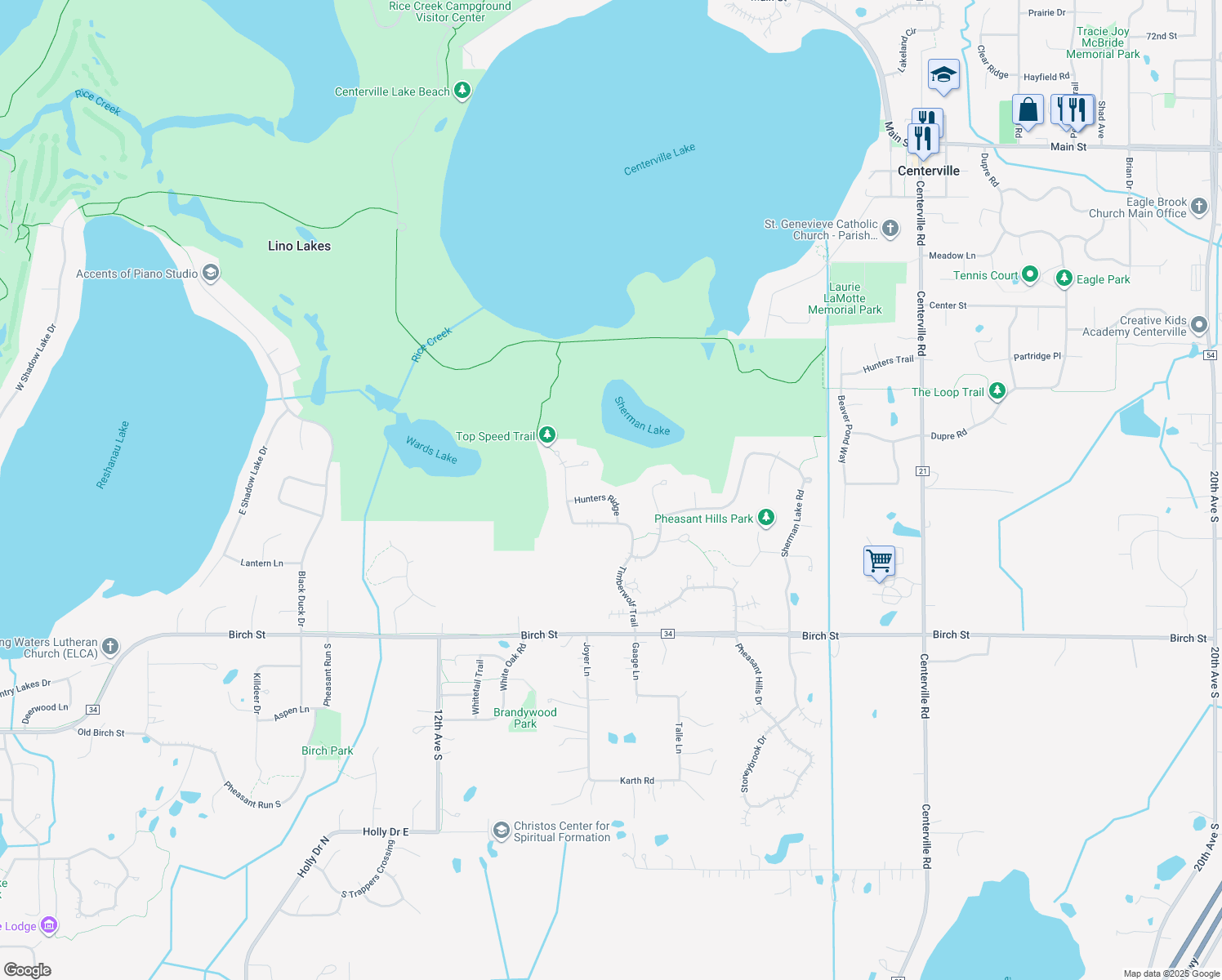 map of restaurants, bars, coffee shops, grocery stores, and more near 1375 Hunters Ridge in Hugo
