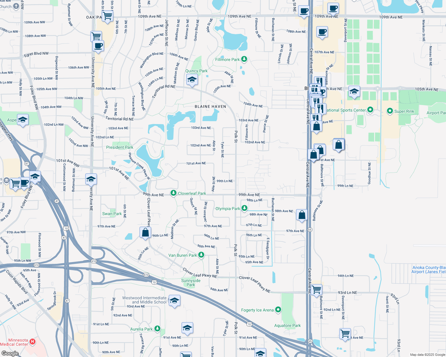 map of restaurants, bars, coffee shops, grocery stores, and more near 941 99th Lane Northeast in Blaine
