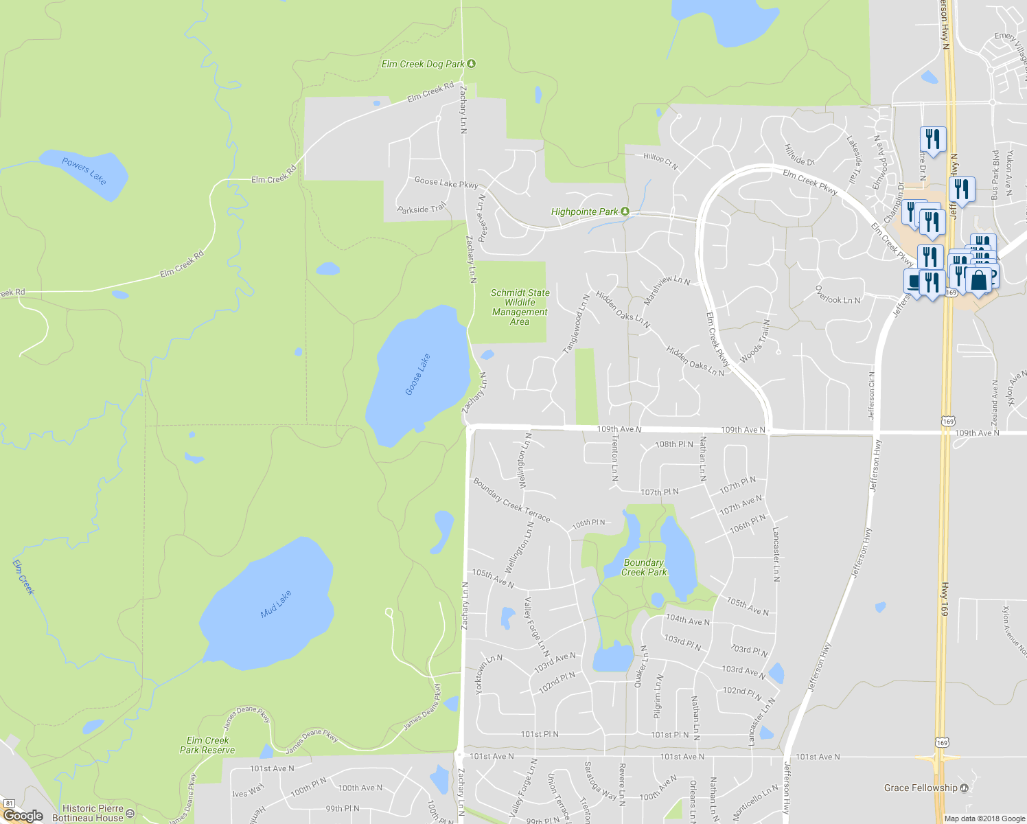map of restaurants, bars, coffee shops, grocery stores, and more near 10910 109th Avenue North in Champlin