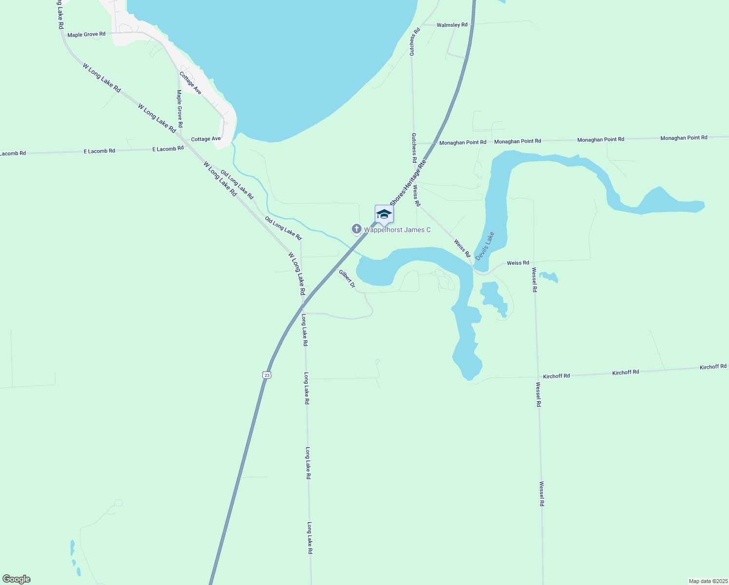 map of restaurants, bars, coffee shops, grocery stores, and more near 3599 Gilbert Drive in Alpena
