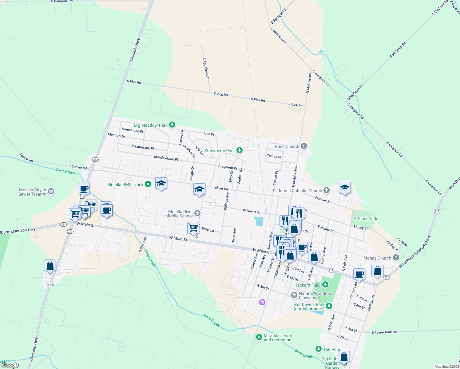 map of restaurants, bars, coffee shops, grocery stores, and more near 660 Mary Dr in Molalla