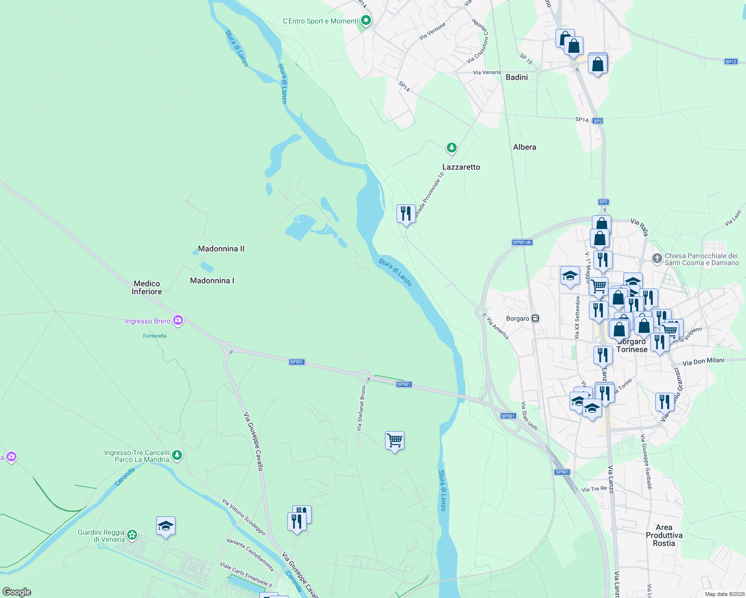 map of restaurants, bars, coffee shops, grocery stores, and more near Via Stefanat in Città Metropolitana di Torino