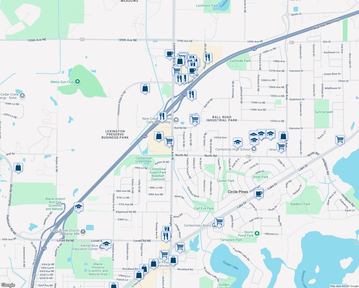 map of restaurants, bars, coffee shops, grocery stores, and more near 10189 Erskin Street Northeast in Circle Pines