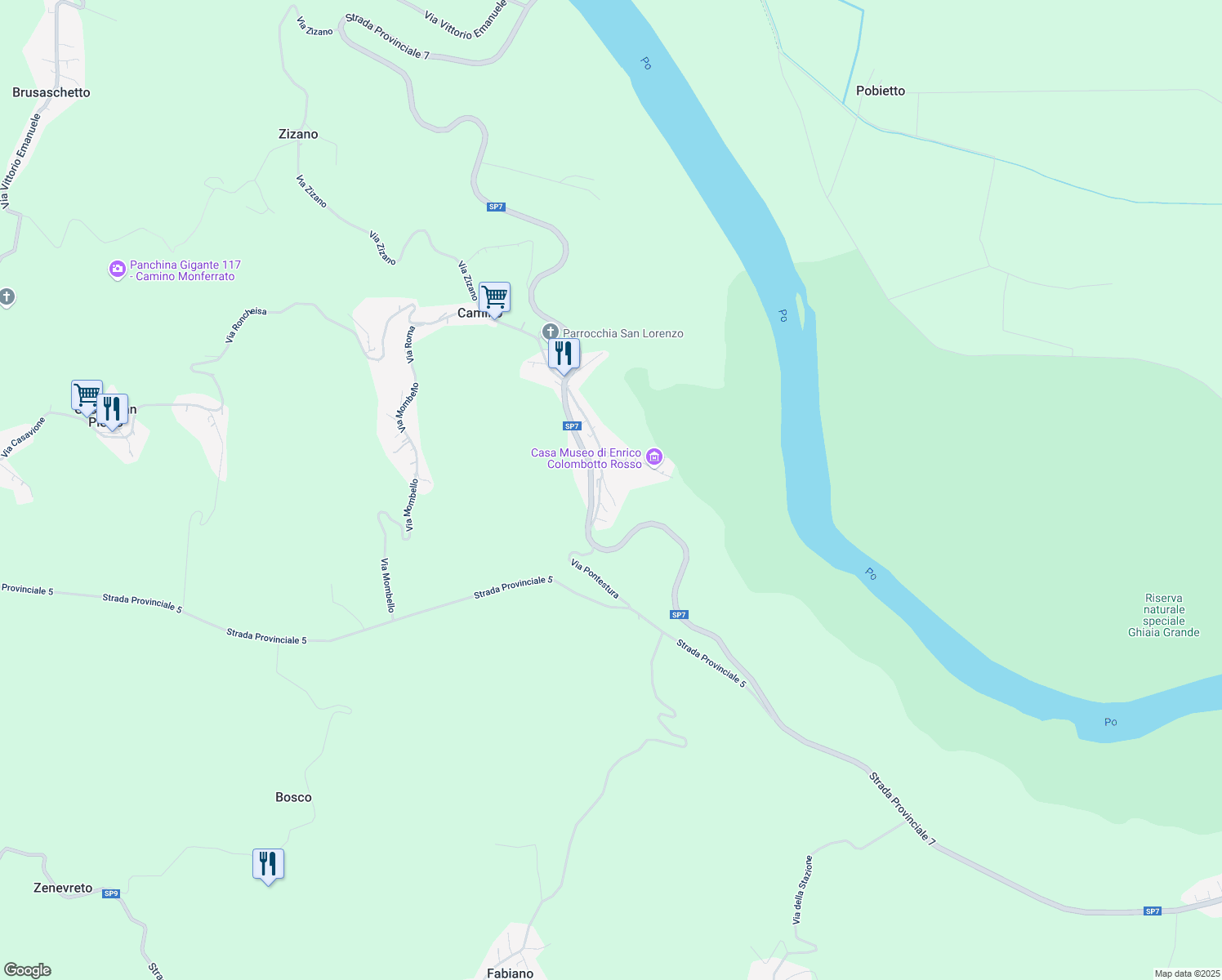 map of restaurants, bars, coffee shops, grocery stores, and more near 100 Via Pontestura in Camino