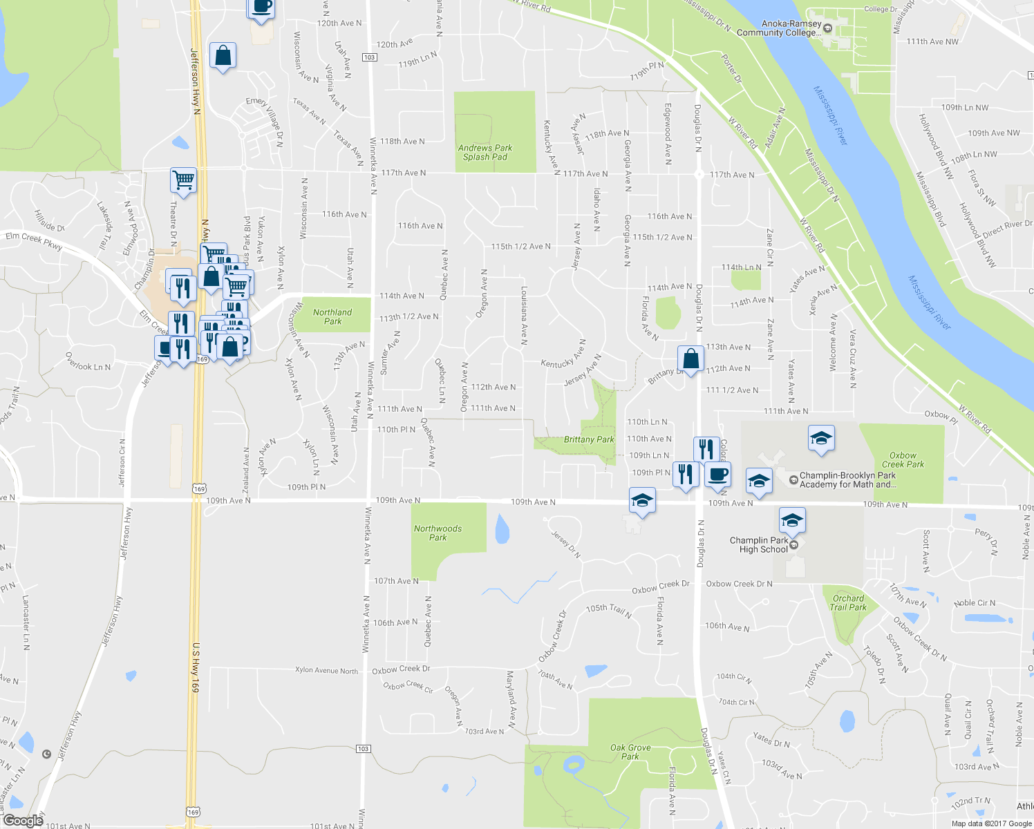 map of restaurants, bars, coffee shops, grocery stores, and more near 7101 111th Avenue North in Champlin