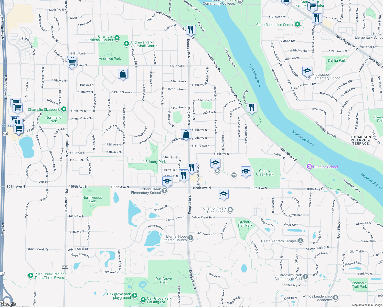 map of restaurants, bars, coffee shops, grocery stores, and more near 6213 111th Avenue North in Champlin