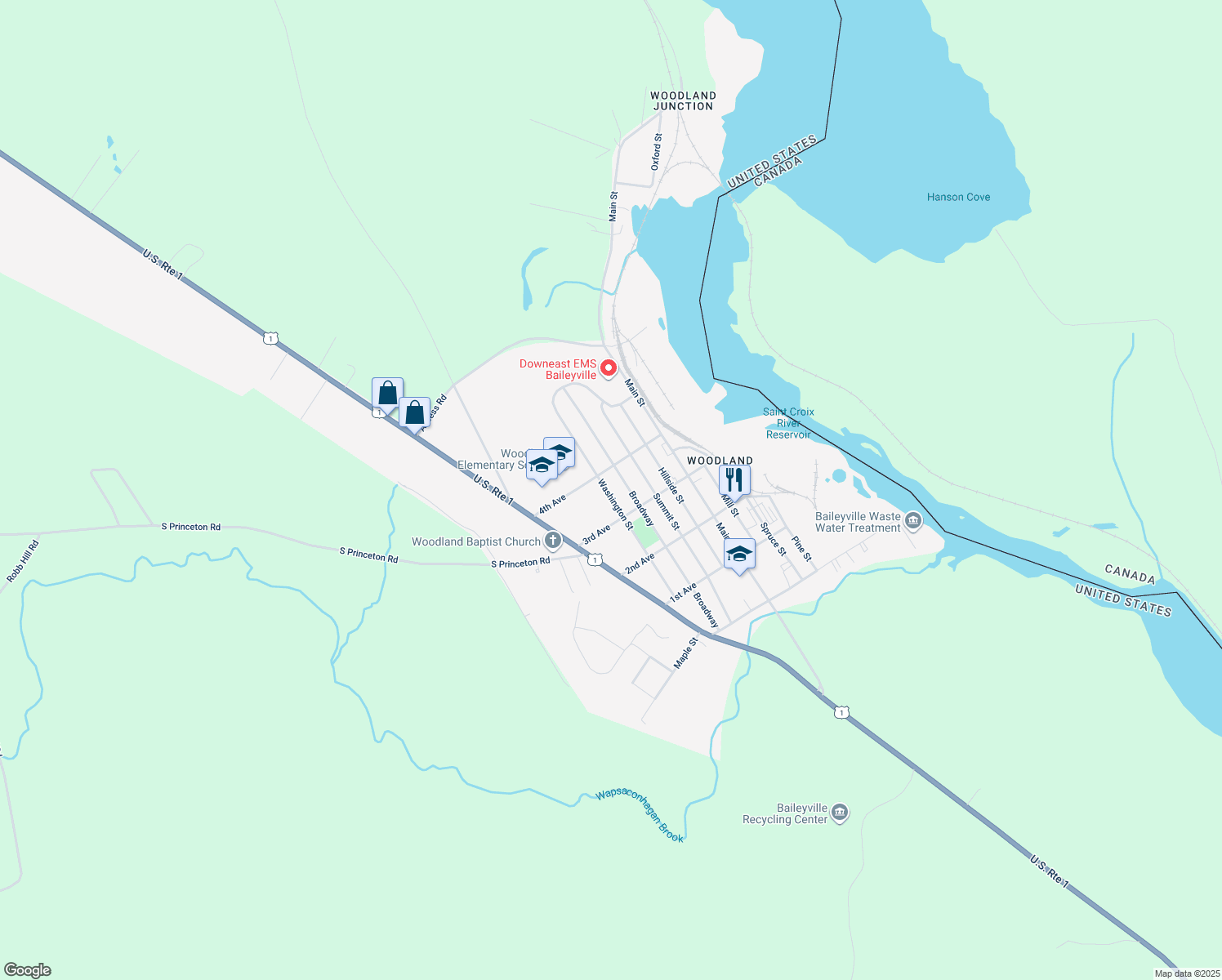 map of restaurants, bars, coffee shops, grocery stores, and more near 66 Washington Street in Baileyville