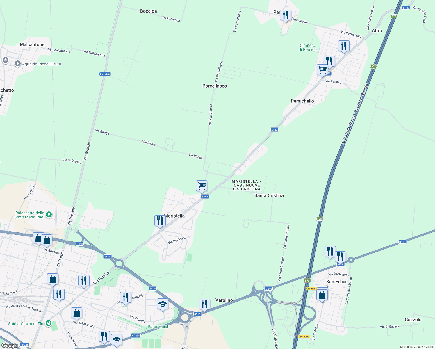 map of restaurants, bars, coffee shops, grocery stores, and more near 25 Via Carbonera in Persichello