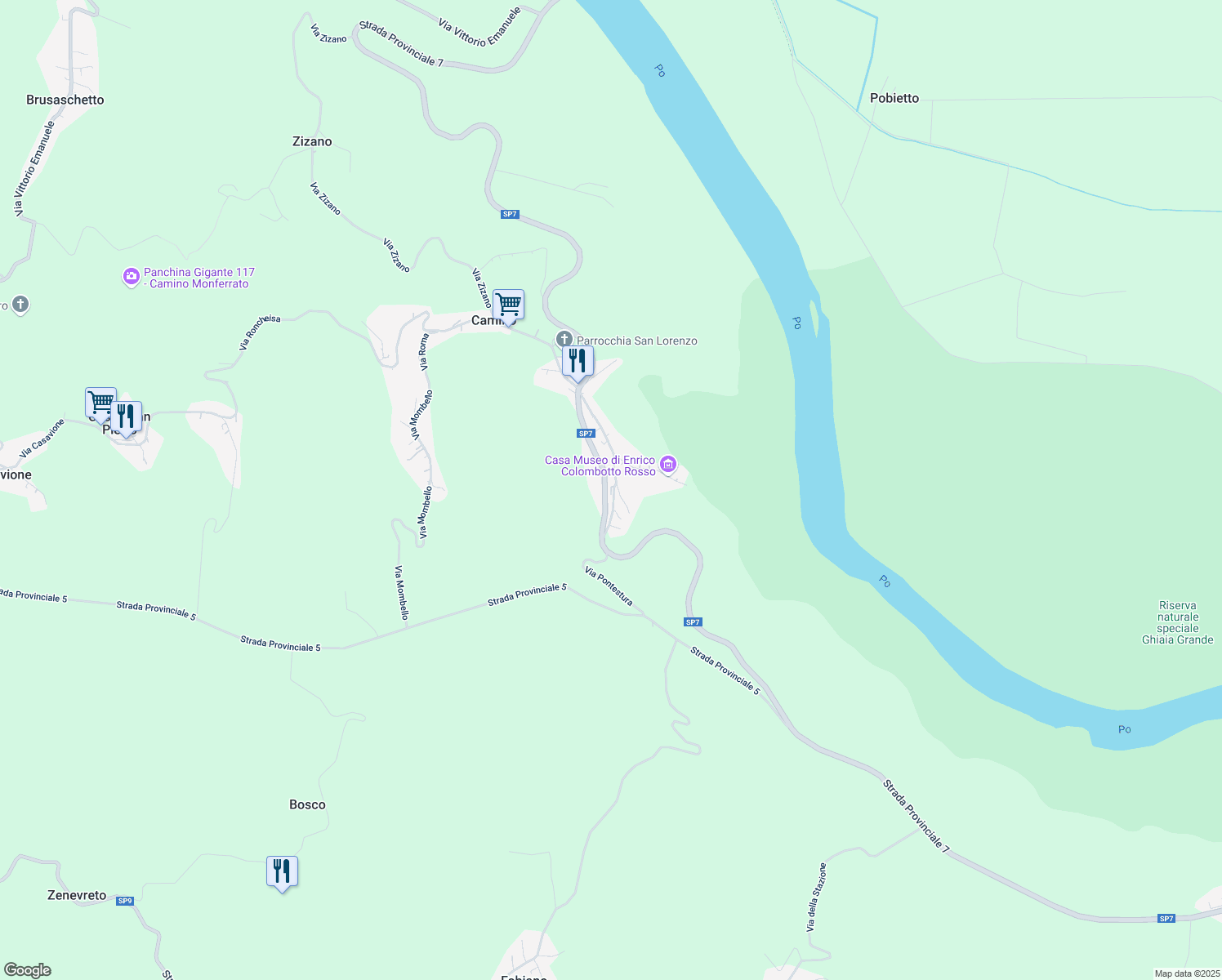map of restaurants, bars, coffee shops, grocery stores, and more near 100 Via Pontestura in Camino