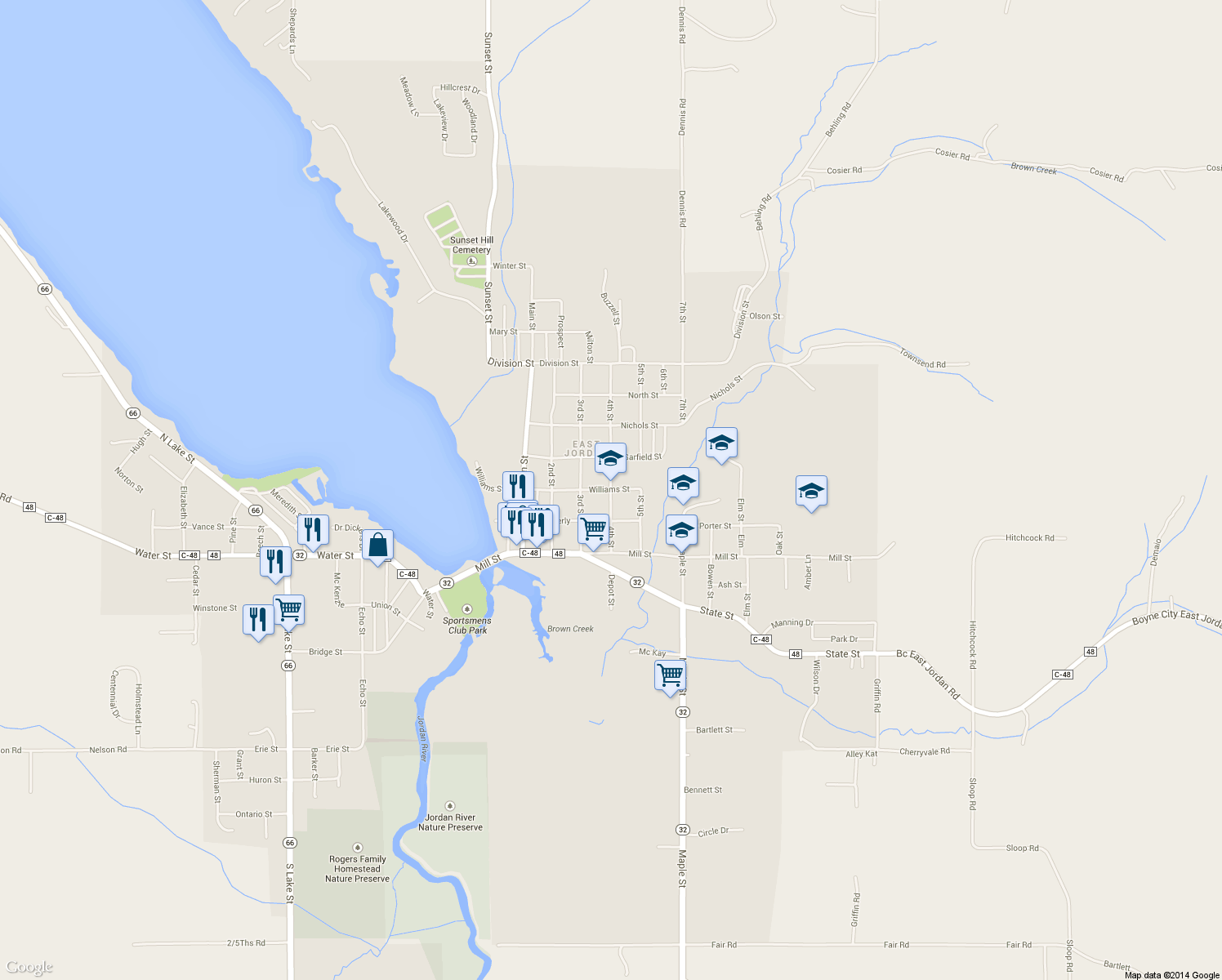 map of restaurants, bars, coffee shops, grocery stores, and more near 299 4th Street in East Jordan