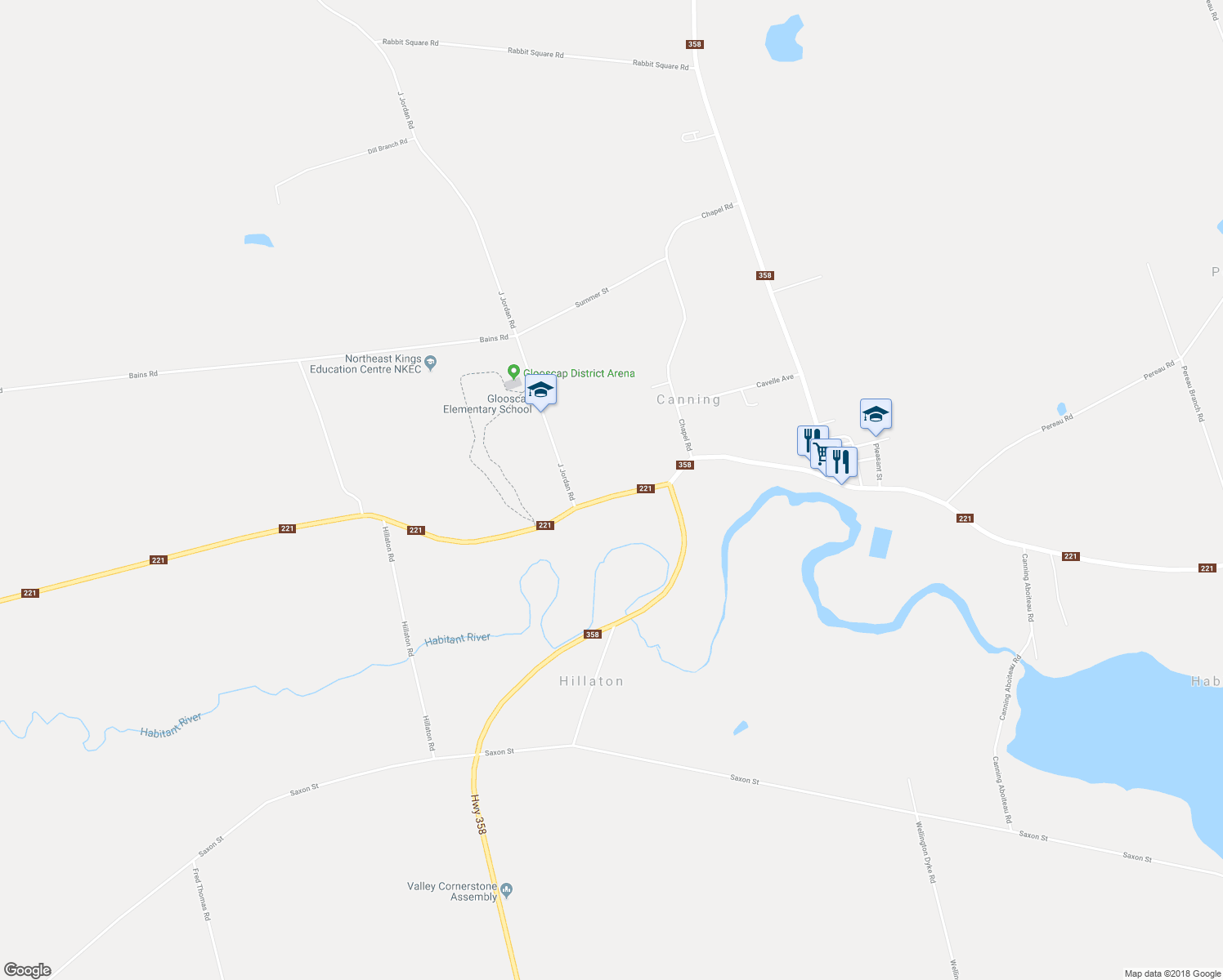 map of restaurants, bars, coffee shops, grocery stores, and more near 9631 Nova Scotia 221 in Canning