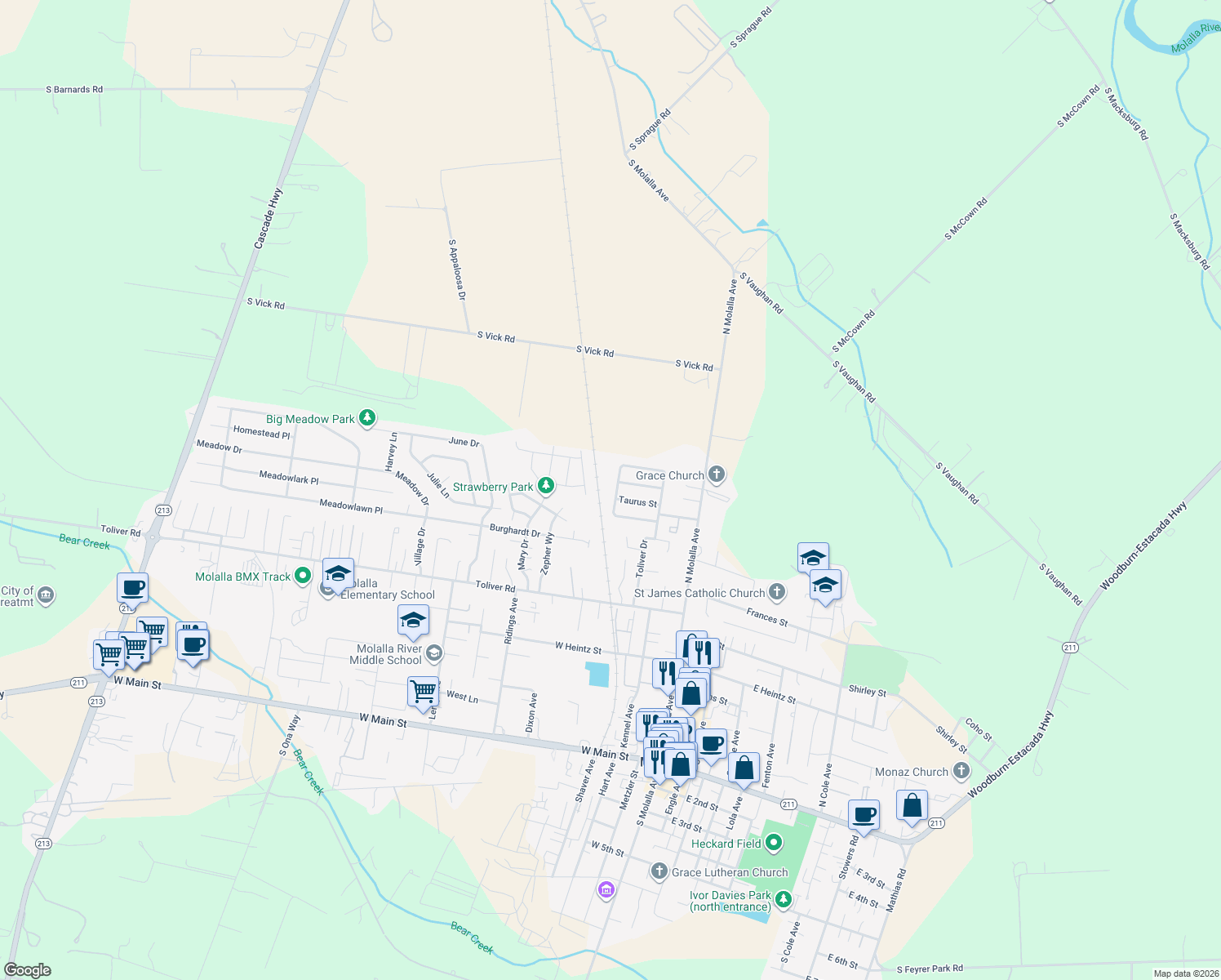 map of restaurants, bars, coffee shops, grocery stores, and more near 850 Explorer Avenue in Molalla