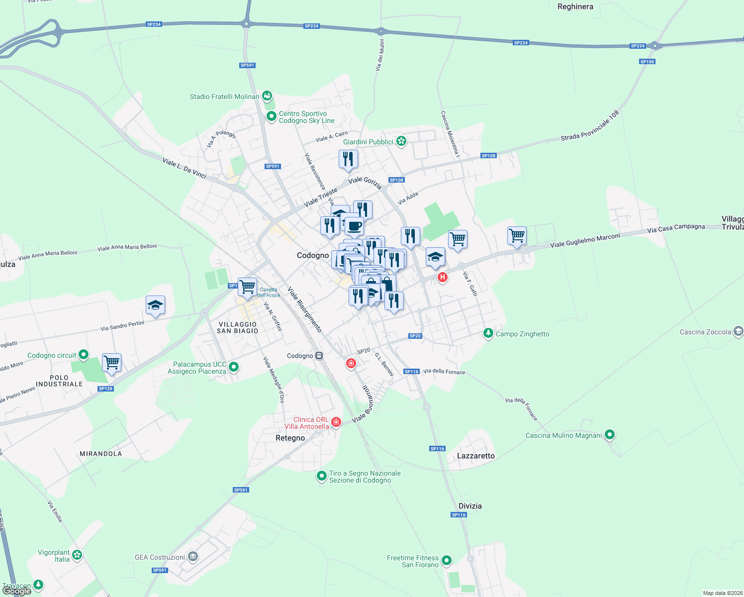 map of restaurants, bars, coffee shops, grocery stores, and more near 6 Piazza Guseppe Novello in Codogno