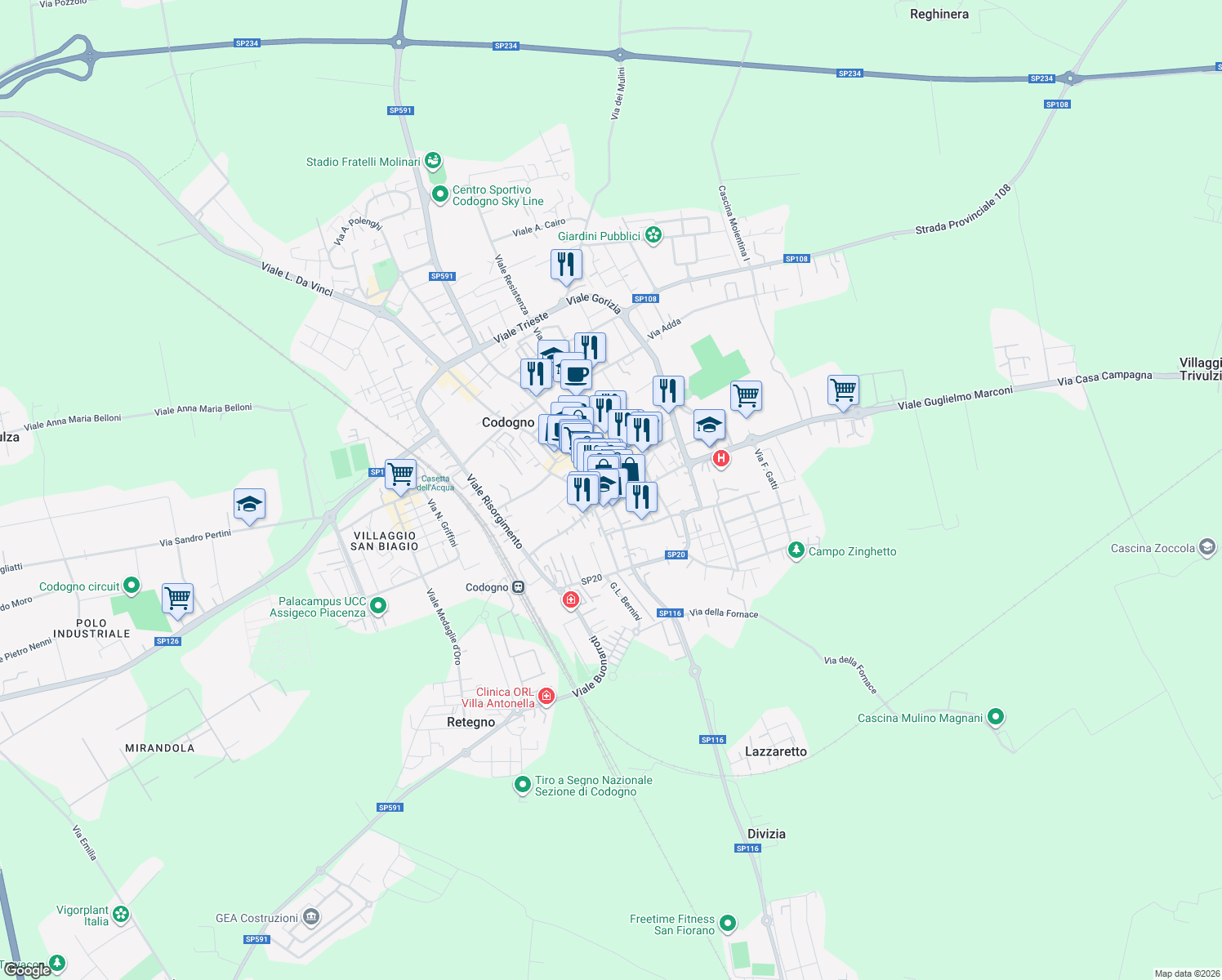 map of restaurants, bars, coffee shops, grocery stores, and more near 6 Piazza Novello in Codogno