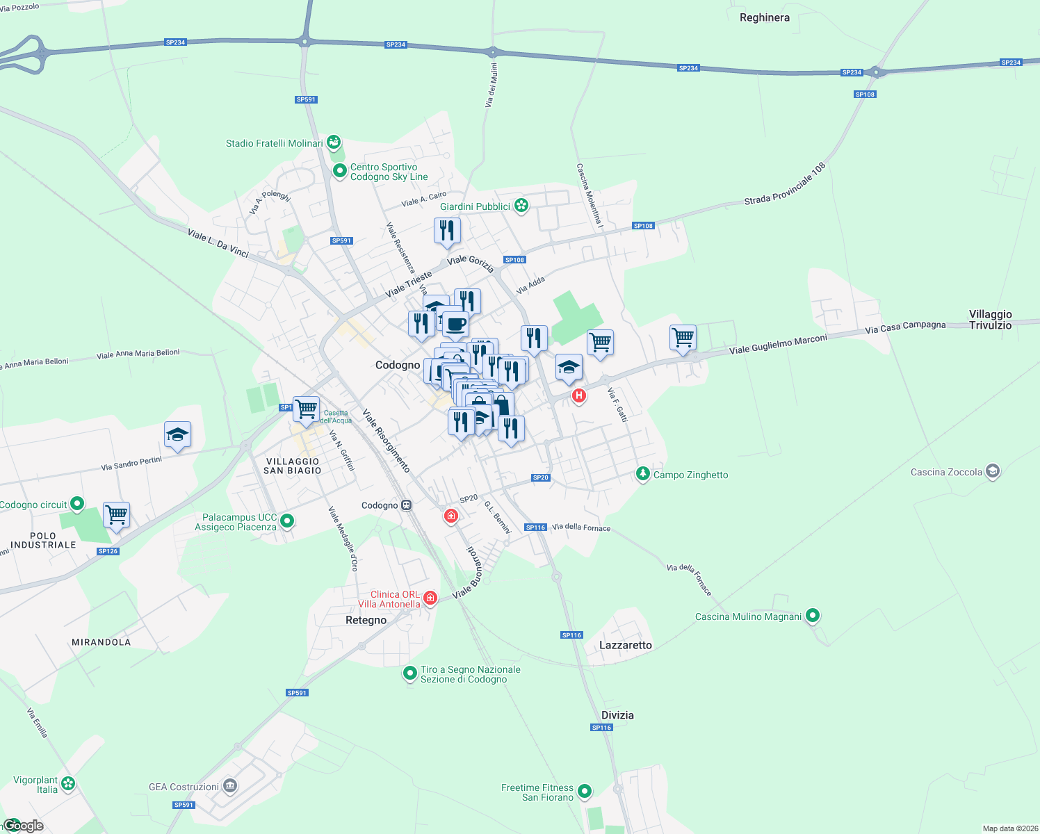 map of restaurants, bars, coffee shops, grocery stores, and more near 44 Via Costa Andrea in Codogno