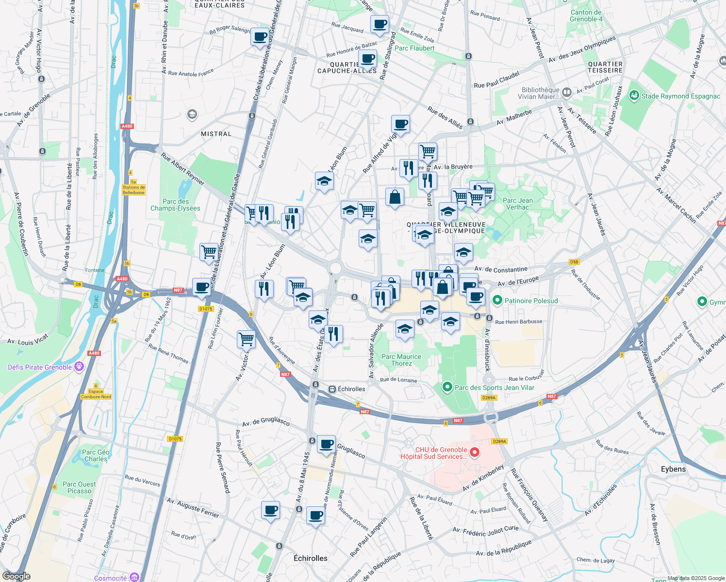 map of restaurants, bars, coffee shops, grocery stores, and more near 3 Rue du Cotentin in Échirolles