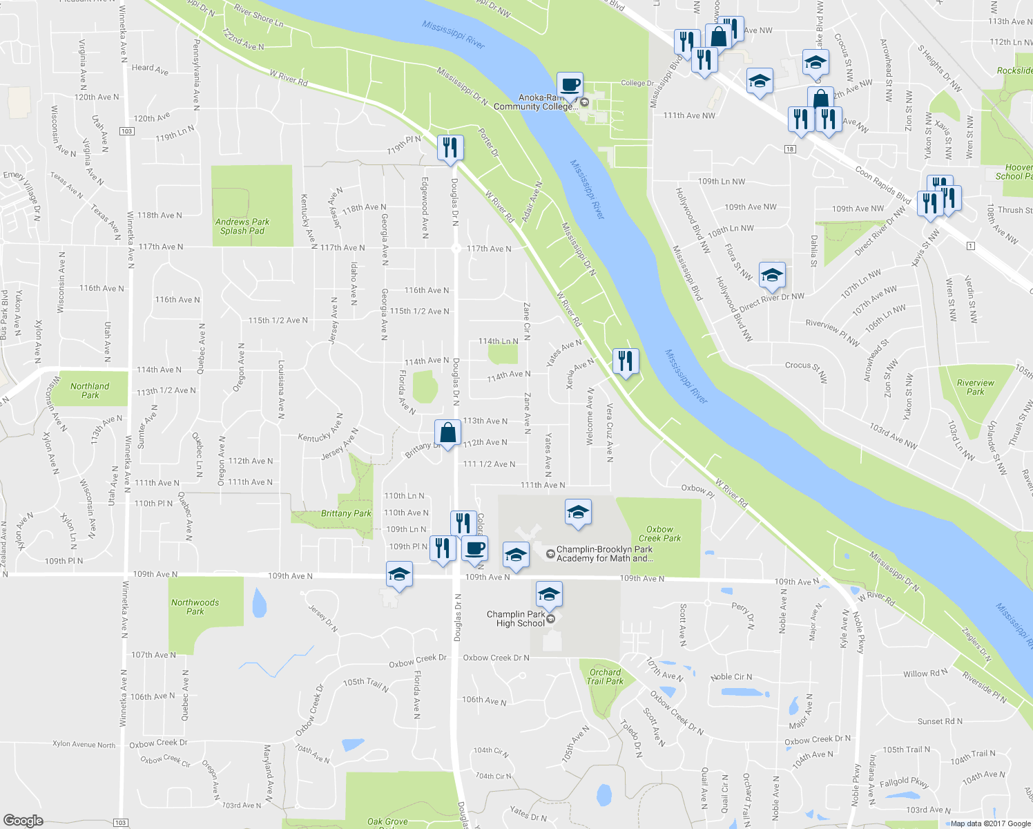 map of restaurants, bars, coffee shops, grocery stores, and more near 6000 113th Avenue North in Champlin