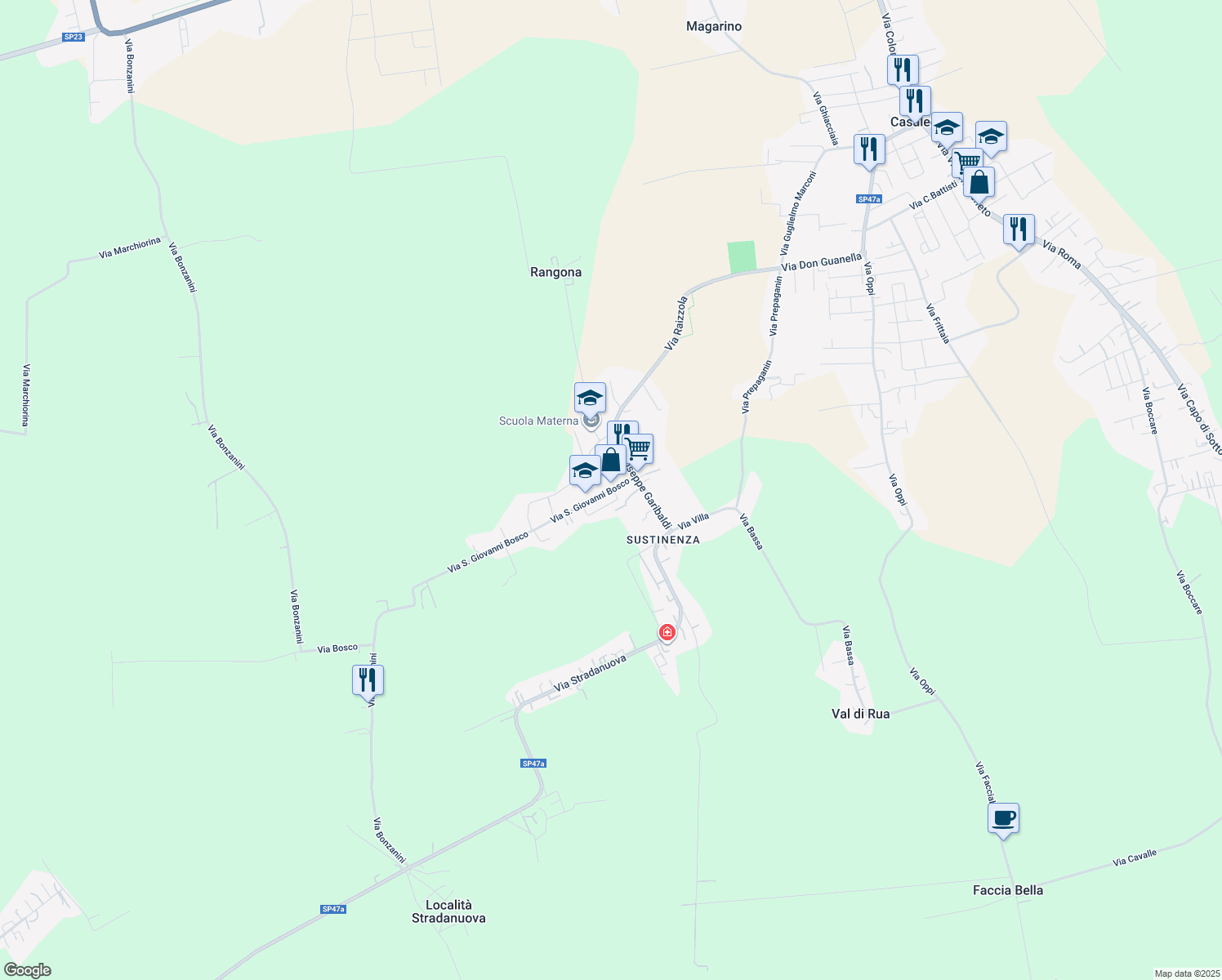 map of restaurants, bars, coffee shops, grocery stores, and more near 23 Via San Giovanni Bosco in Casaleone