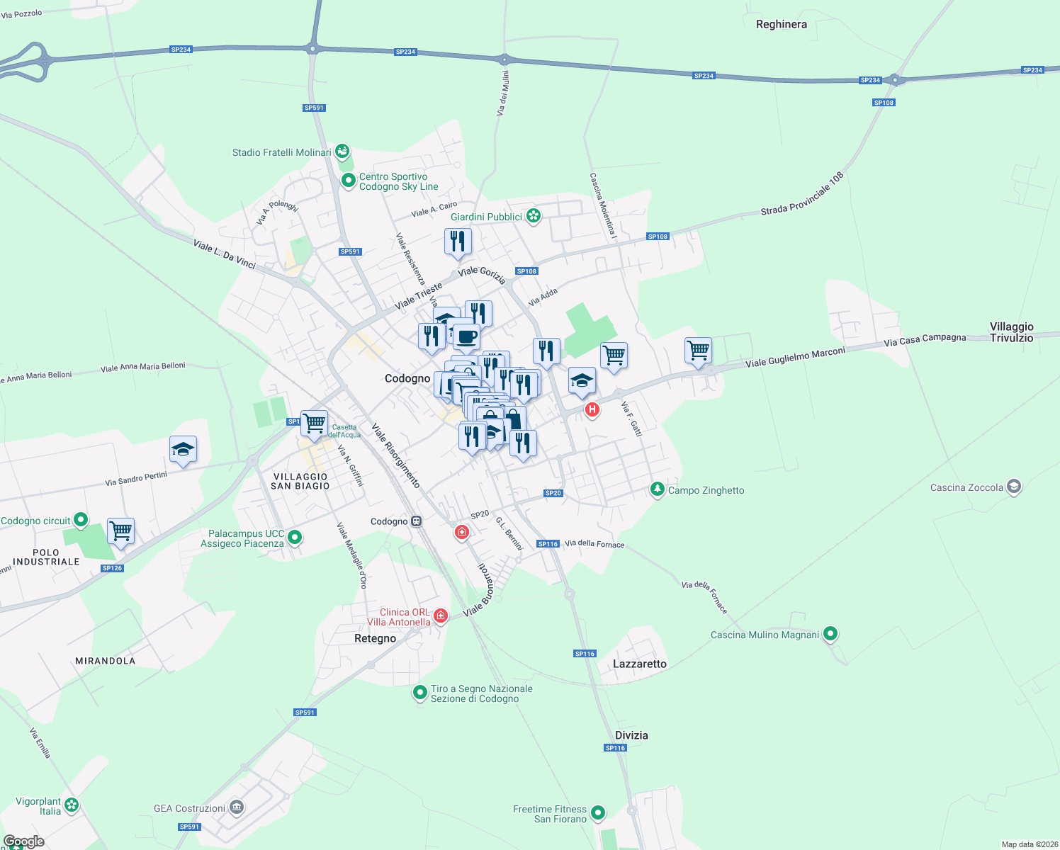 map of restaurants, bars, coffee shops, grocery stores, and more near 44 Via Costa Andrea in Codogno
