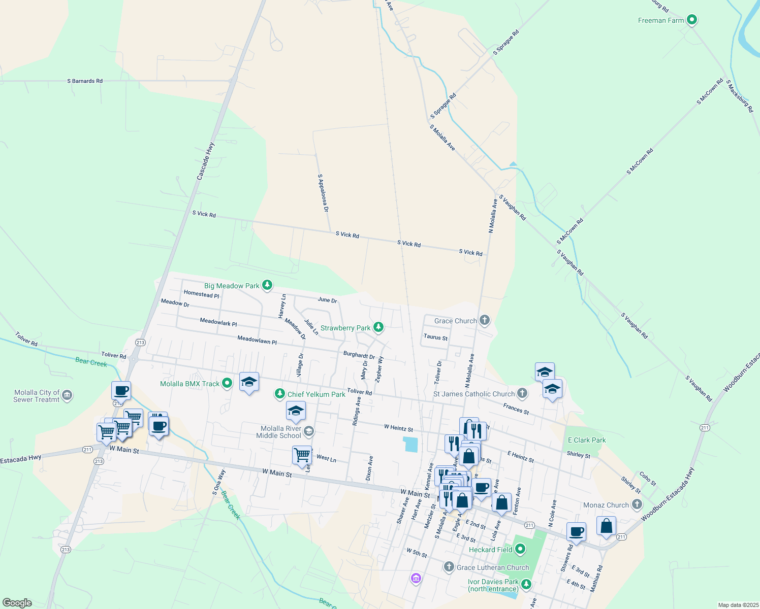 map of restaurants, bars, coffee shops, grocery stores, and more near 633 Eric Drive in Molalla
