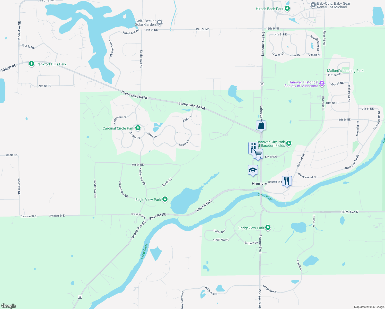 map of restaurants, bars, coffee shops, grocery stores, and more near 10460 4th Street Northeast in Hanover